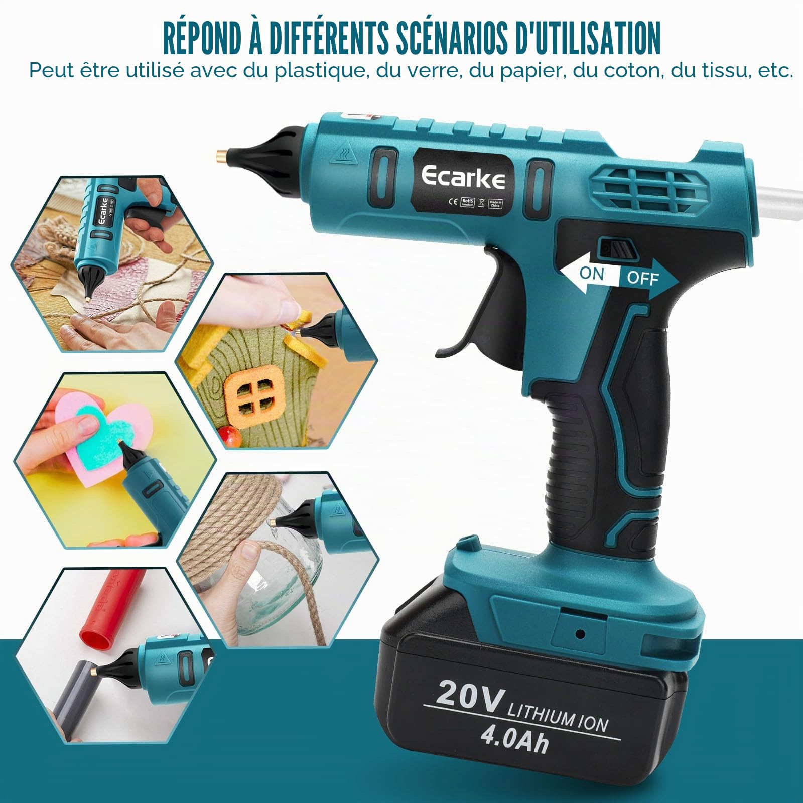 Ecarke Pistolet à Colle Sans Fil Compatible avec Batterie MaKita 18V, Pistolet à Colle Chaude Sans Fil Idéal pour Les Réparations Artisanales (avec 20 Bâtons de Colle de 11 mm)-Outils Uniquement
