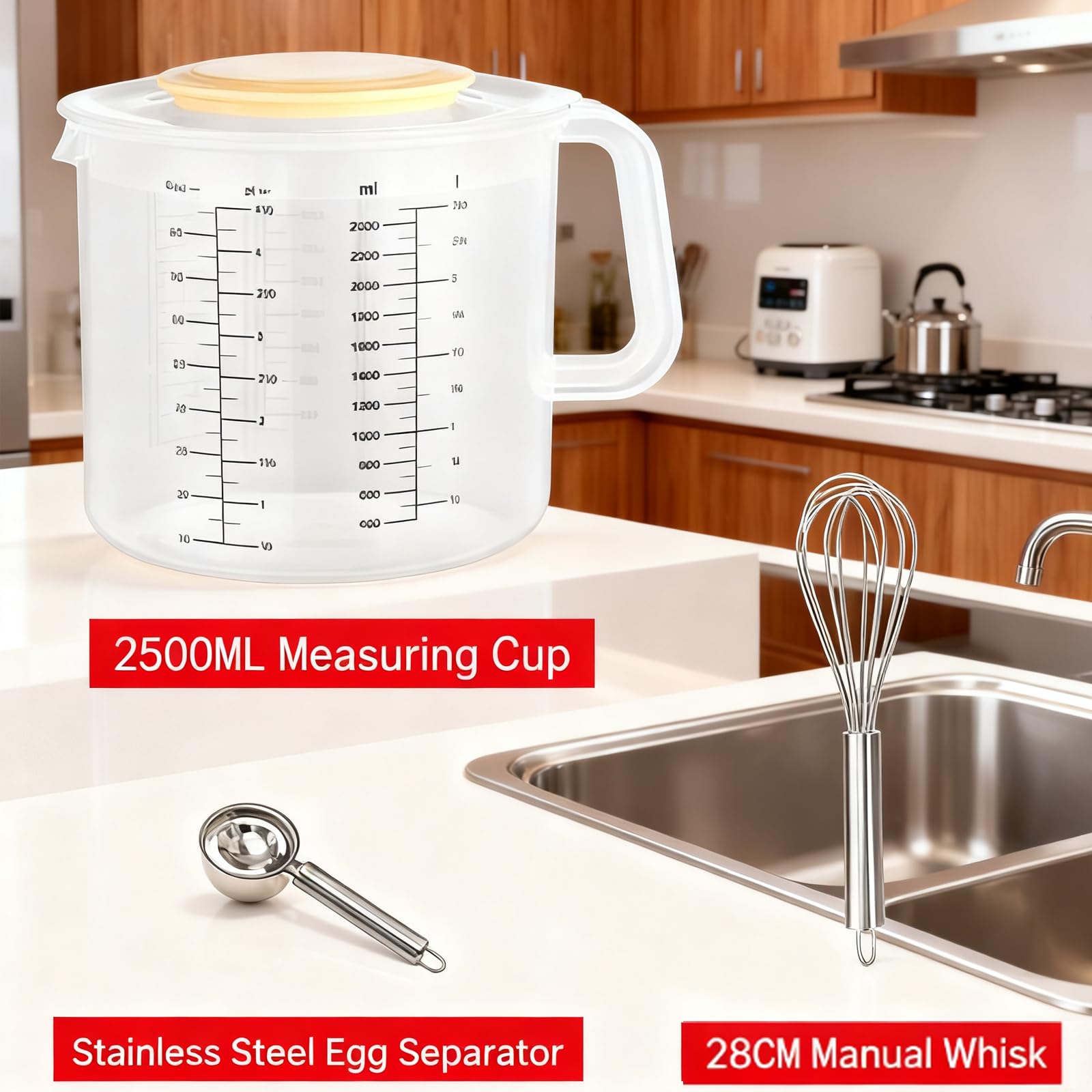 1 Unidad de Vaso medidor de plástico Transparente con Tapa - Jarra graduada con asa y Pico, Herramienta de medición precisa para Hornear, batir Huevos y Mezclar, Bol de Cocina versátil