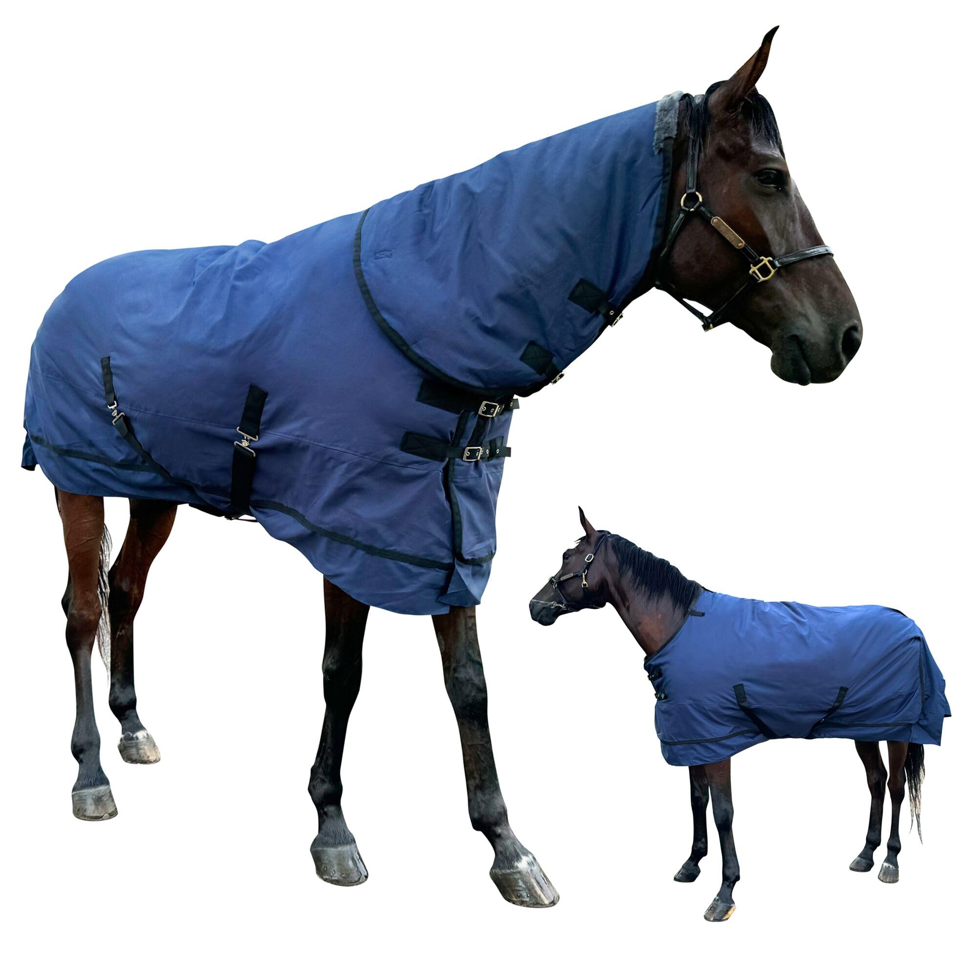 Manta de caballo 1200 D, manta de caballo con cubierta de cuello desmontable, relleno de 220 g, manta impermeable a prueba de nieve para caballo (EE. UU. 72 pulgadas (UE 135 cm)