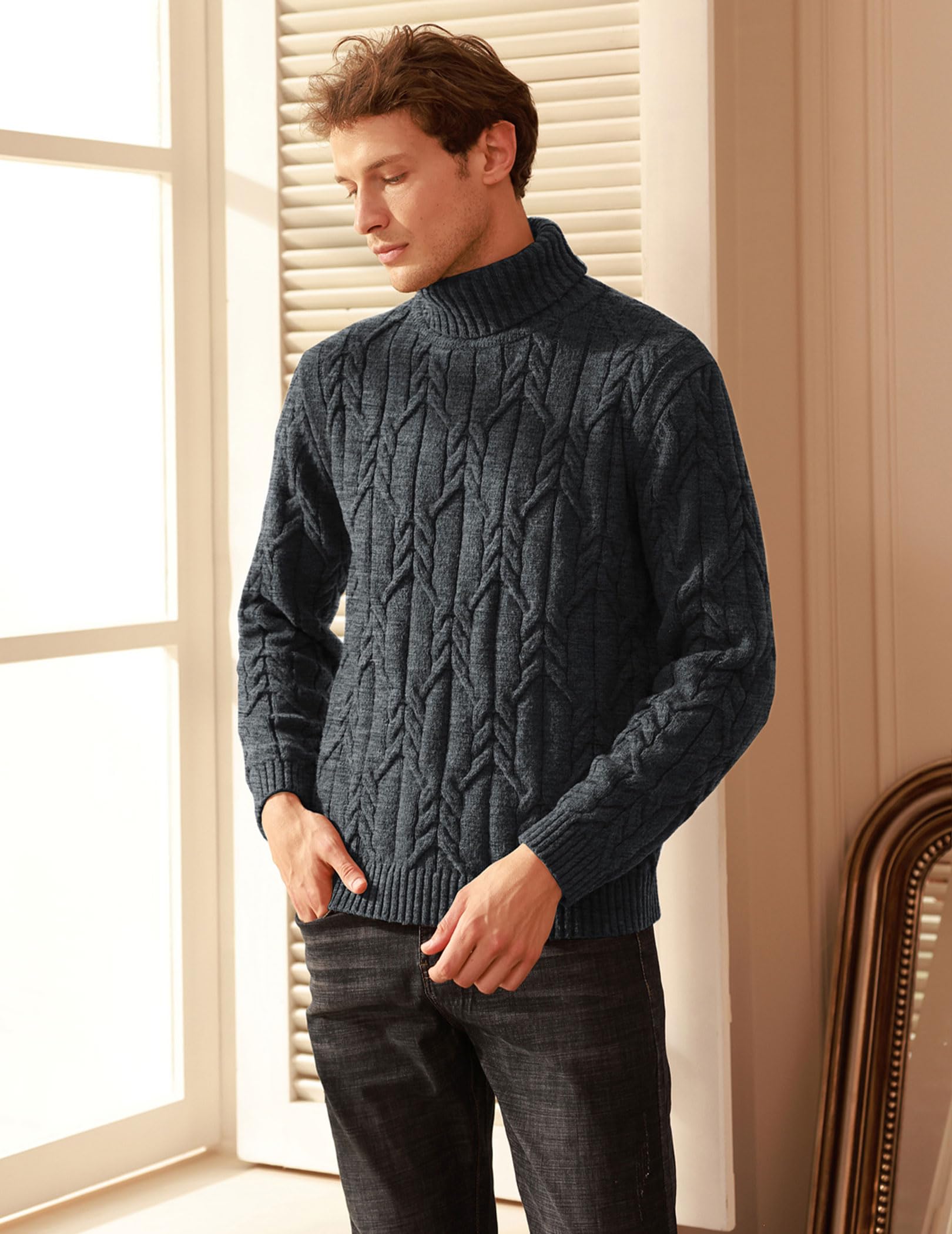 GRACE KARIN Suéter de cuello alto para hombre, manga larga, suéter de punto trenzado, ajuste delgado, cuello alto