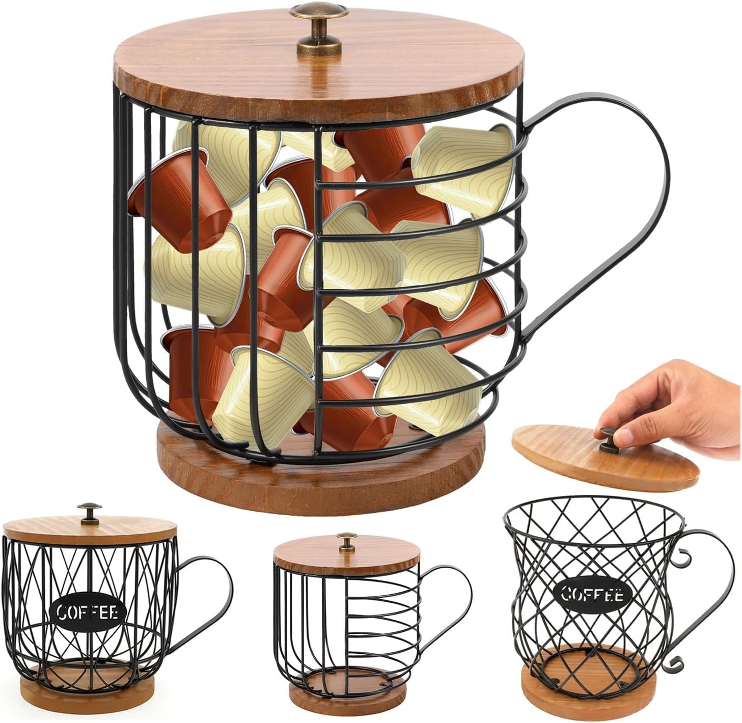 Coffee Pod Basket Coffee Capsule Storage Basket Large Capacity With Wood Base And Lid Kitchen Countertop Organizer(Black1pcs)