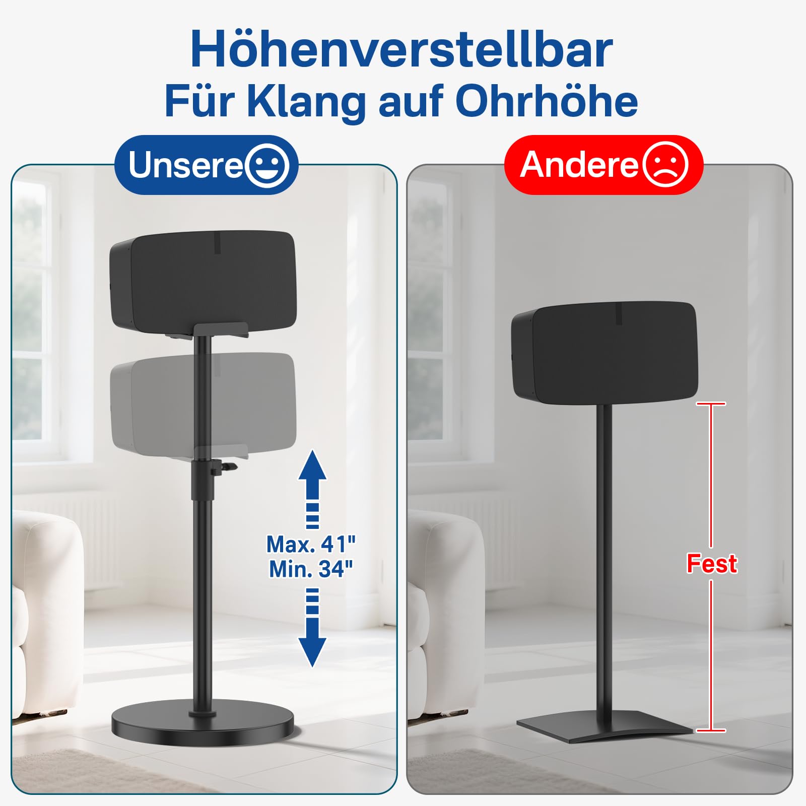 Soporte de Altavoz de Altura Ajustable: Soporte de Suelo para orientación Vertical y Horizontal,Compatible con Sonos Play:5 (2.ª generación) Sonos Five con gestión de Cables, Negro.
