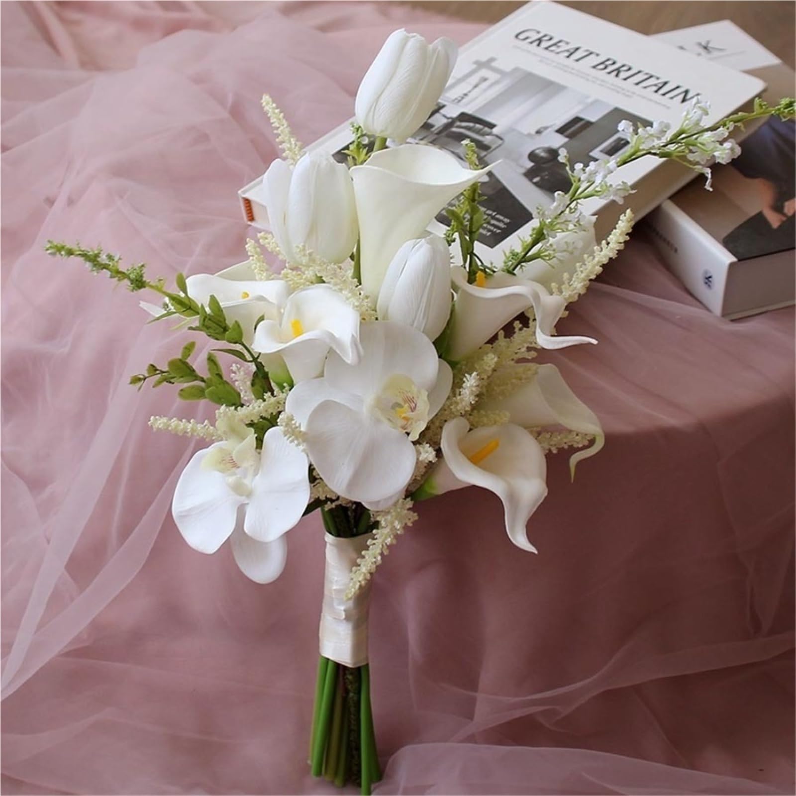 Ramo de novia de lirio de cala, reutilizable, tela de satén de orquídea Phalaenopsis, flores de imitación
