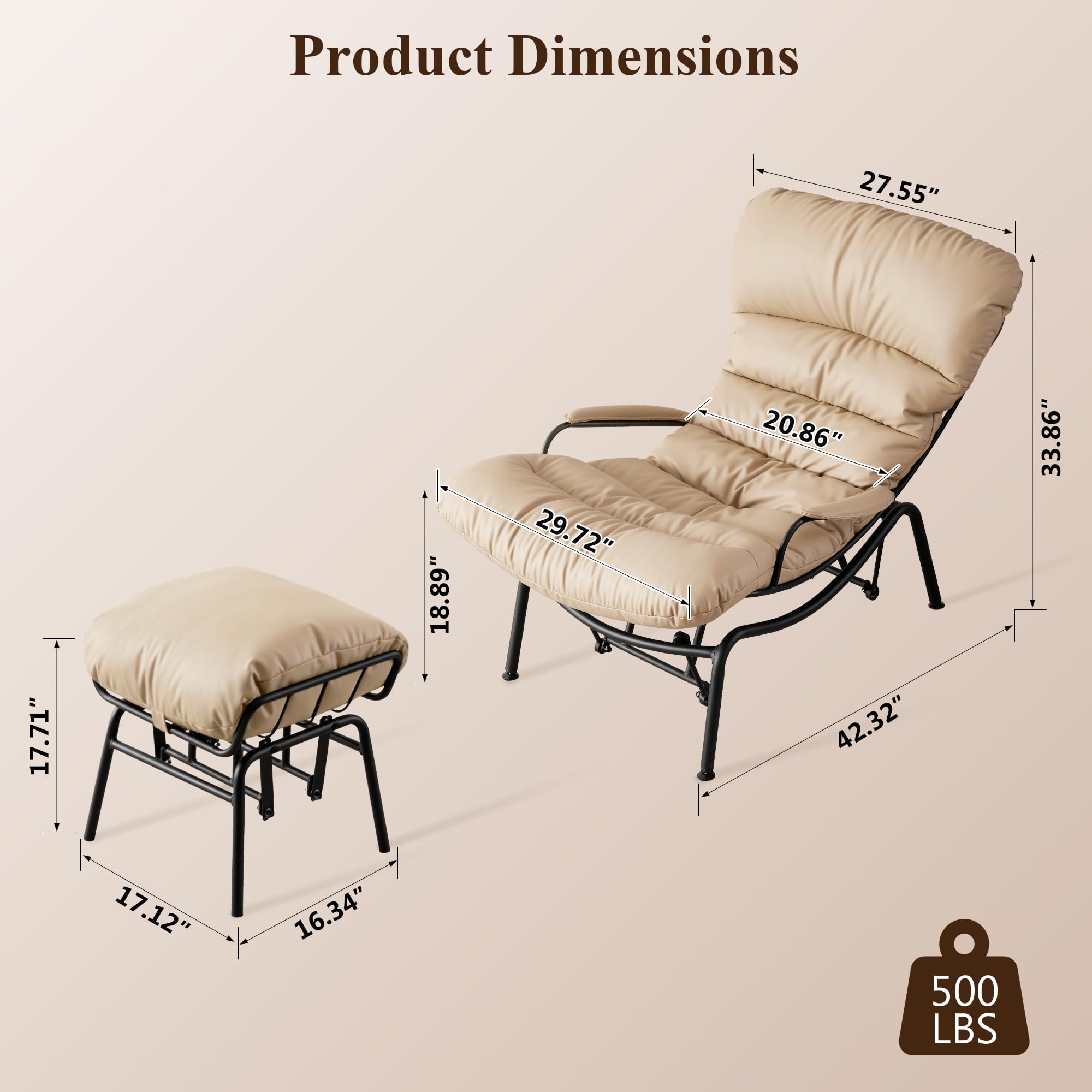 Lazy Lounge Chaise Chair with Ottoman, Cozy Accent Rocking Chairs for Adults with Arm Cushion Armrest, Comfy Reading Book Chair with Gilder Ottomans for Bedroom Living Room, Cream, PU Leather