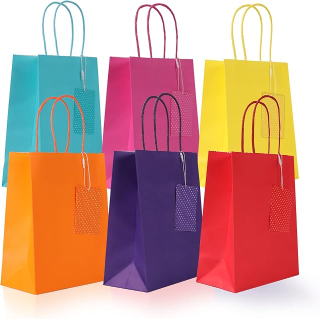 Spotfiz 12 Pcs Paper Party Bags for Kids (18x9x23 cm) - Small Gift Bags with Tags for Parties, Birthdays, Baby Showers, Shopping, and Christmas