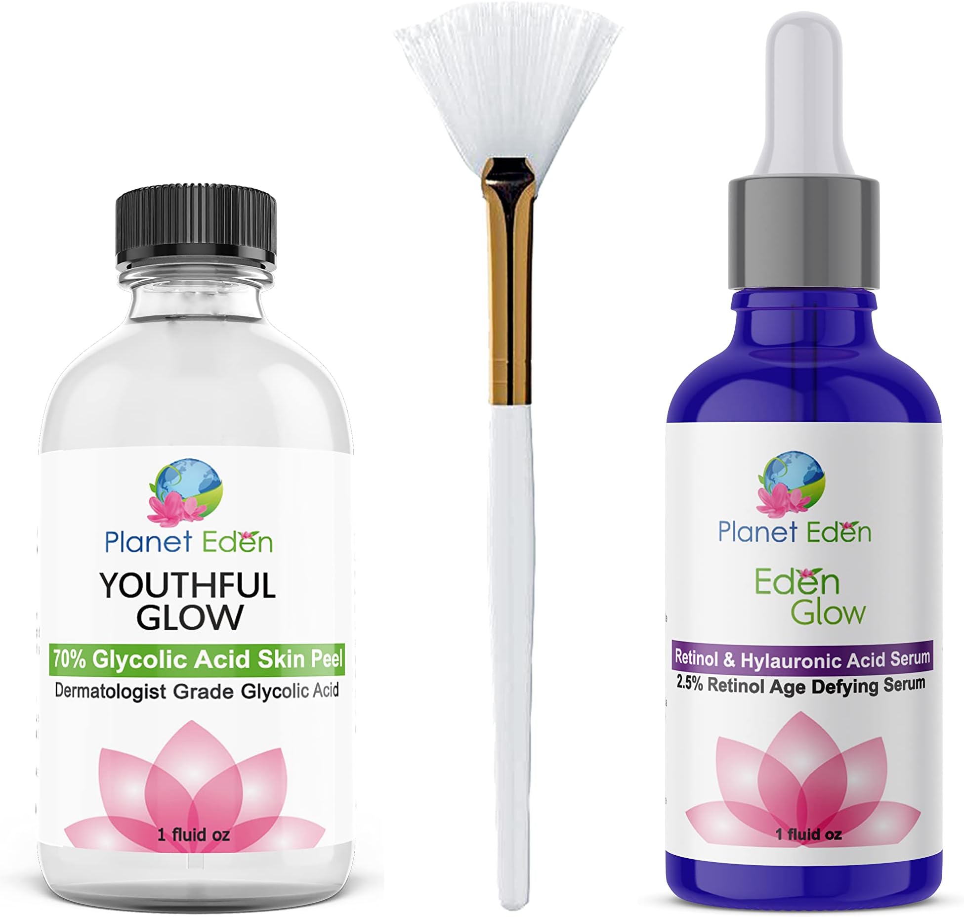 Planet Eden 70% Glycolic Acid Chemical Skin Peel Kit with Hyaluronic Acid + 2.5% Retinol Serum and Fan Brush - Get your Glow Back!