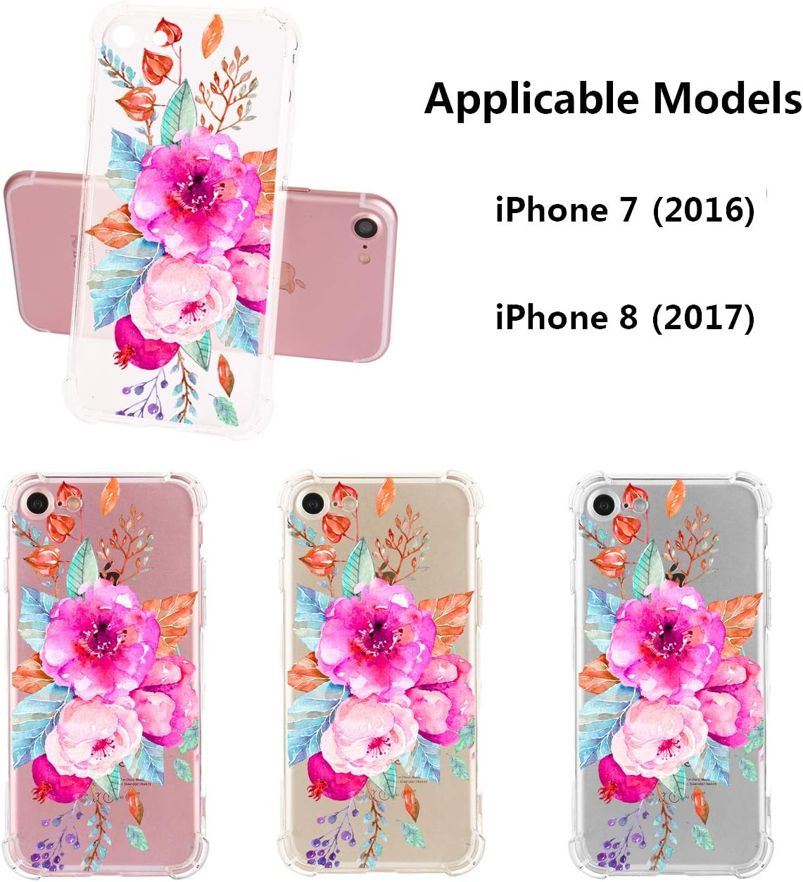 TRENSOM iPhone SE 2020 Pink Flower Case iPhone 7 Clear Case Purple Floral iPhone 8 Case Slim Flexible Shockproof Bumper Protective Design Phone Back Cover for Girls Women