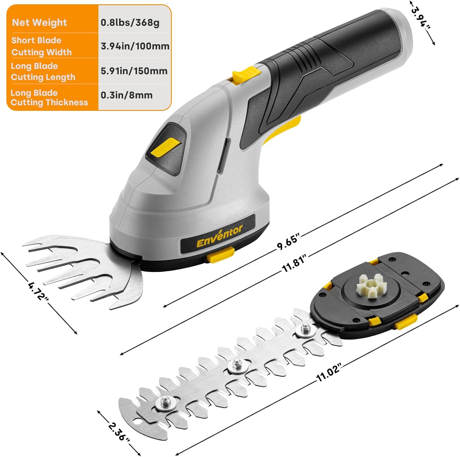 Enventor Cordless Hedge Trimmer and Grass Shear, 7.4V 2000mAh Lithium-ion Rechargeable Battery, 2-in-1 Handheld Electric Grass Trimmer, Small Hedge Cutter with 2 Interchangeable Blades