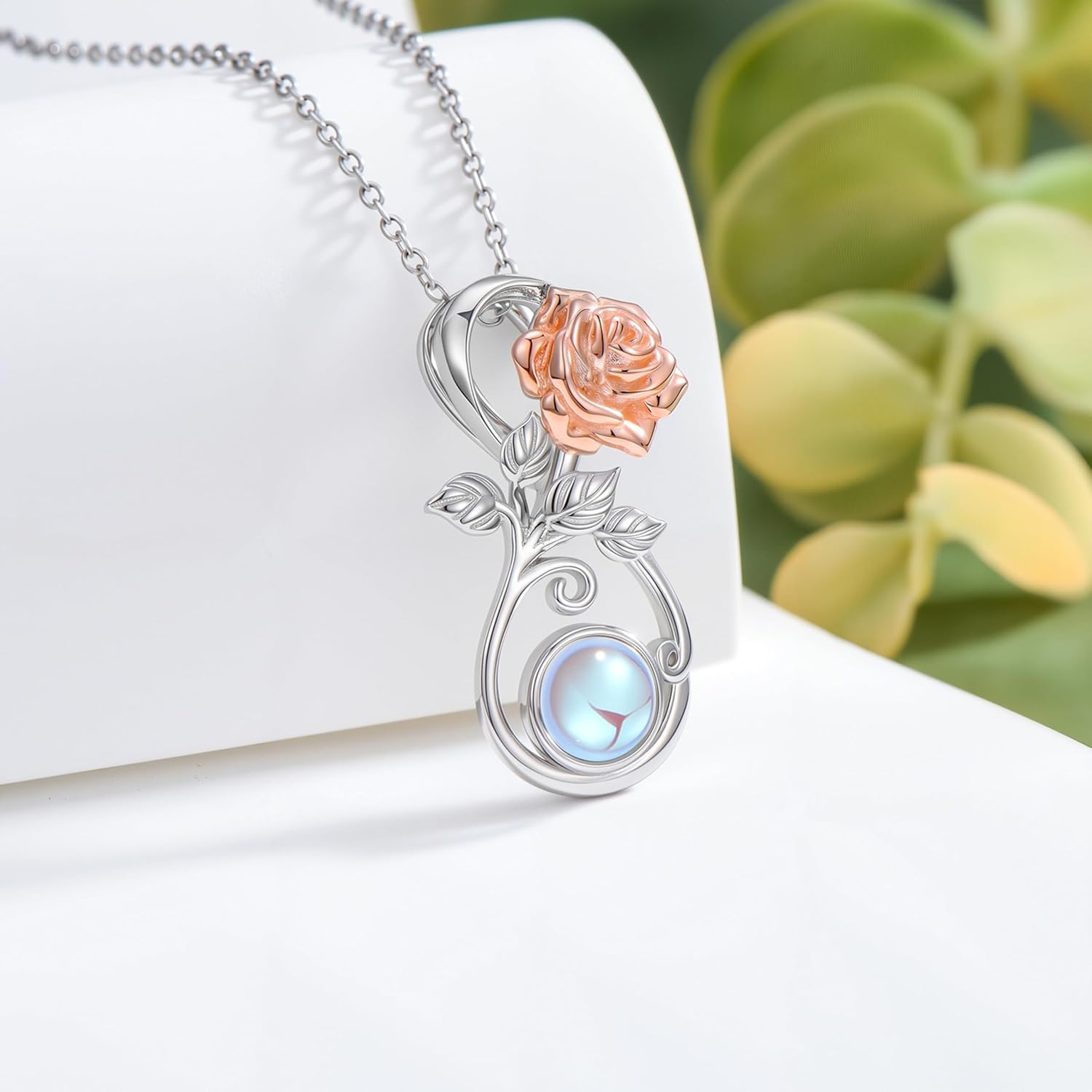 Rose Flower Necklace for Women 925 Sterling Silver Moonstone Rose Flower and Infinity Pendant Ladies Floral Jewelry Gifts - Image 2