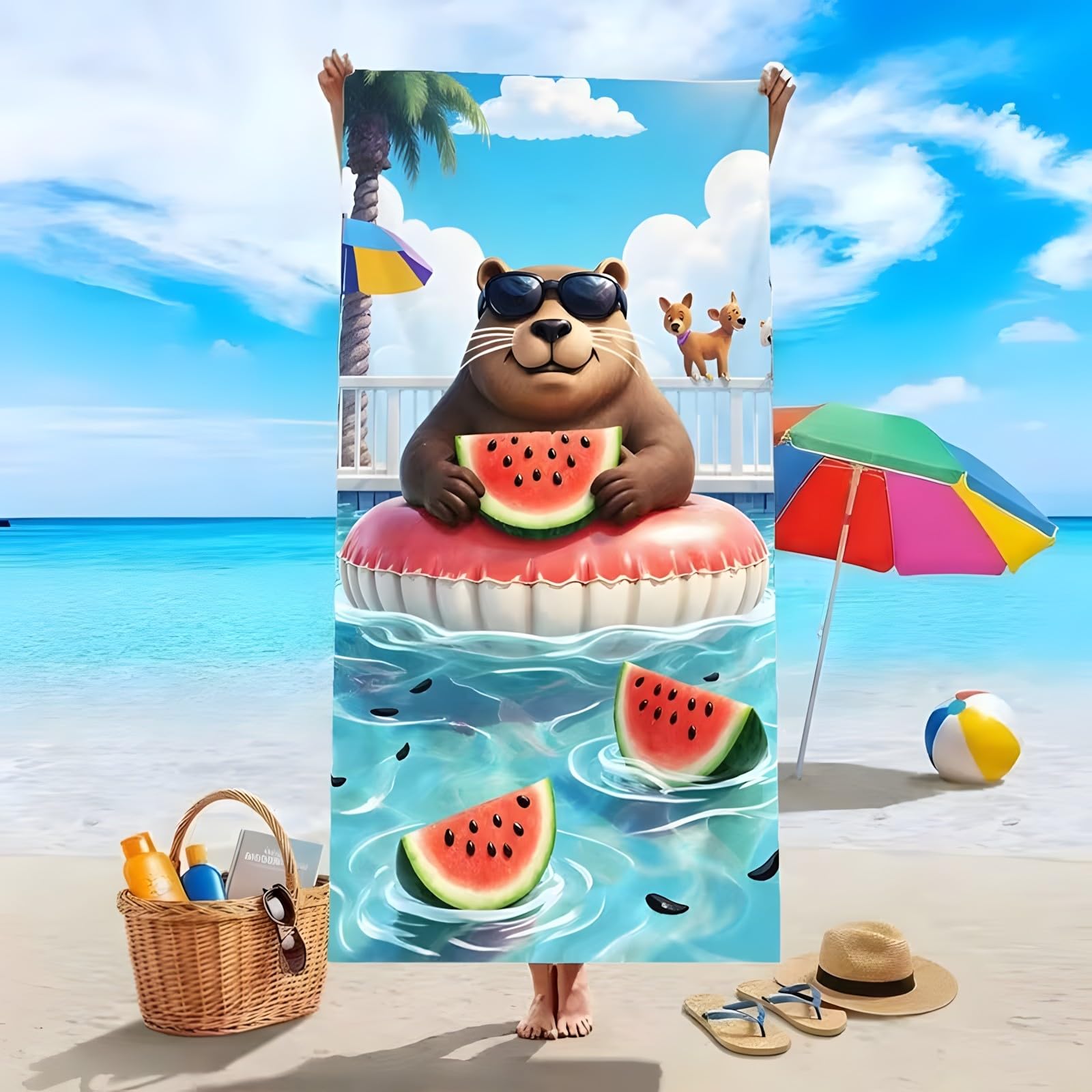 YZQGLHP Cartoon Beaver Microfibre Beach Towel Watermelons Beach Bath Towel Quick Drying, Lightweight, Sand-Free, Durable, for Pool, Gym, Camping, Travel Towel 180x200cm