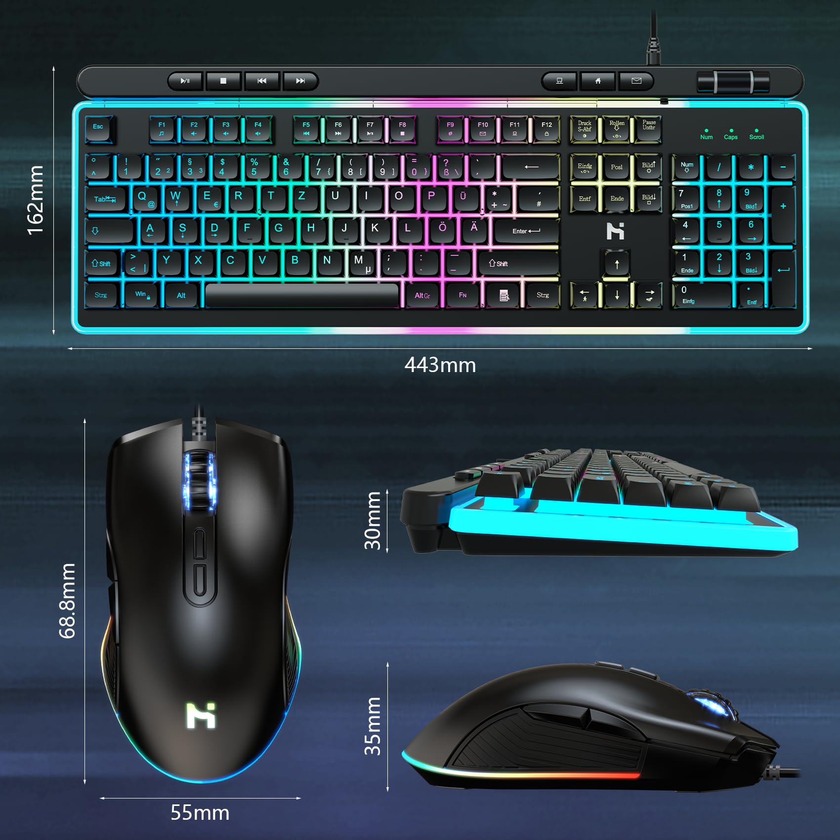 HLONONE Gaming Tastatur und Maus Set, Regenbogen LED Hintergrundbeleuchtung, USB Verkabelt, Ergonomische Tastatur für PC Gamer und Büro, QWERTZ DE Layout -Schwarz