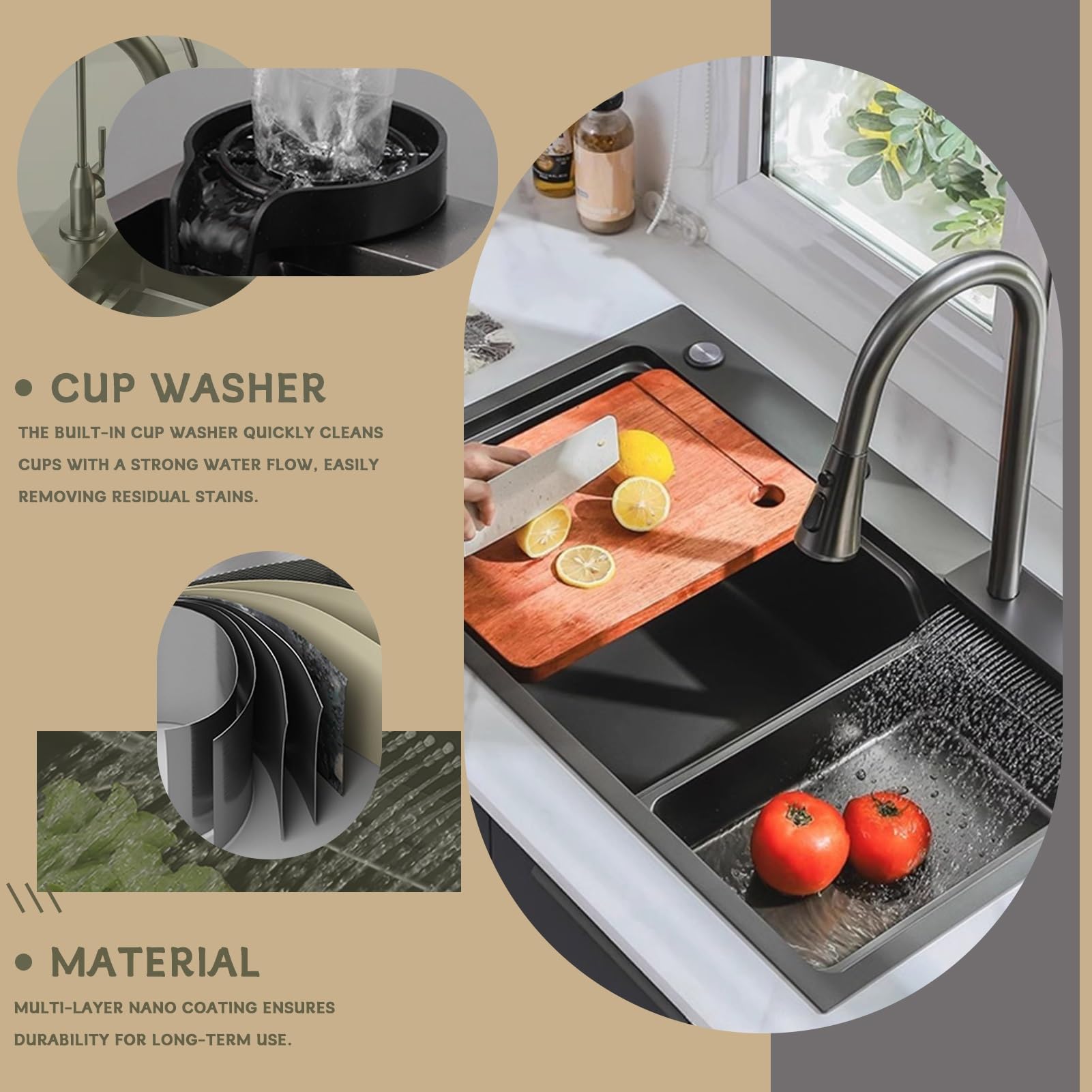 HZKSINNK 80x50cm Lavello da cascata nero, multifunzionale Lavello Cucina 1 Vasca in Acciaio Inox, con Rubinetto Estraibile, sifone e Set di Drenaggio, e vari accessor, lavello domestico set