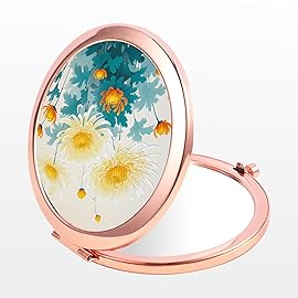 Dynippy Compact Mirror Rose Gold Makeup Mirror Folding Mini Pocket Mirror Portable Hand Mirror Double-Sided 2 x 1x Magnification for Woman Girls (Lovely Chrysanthemum Pattern)
