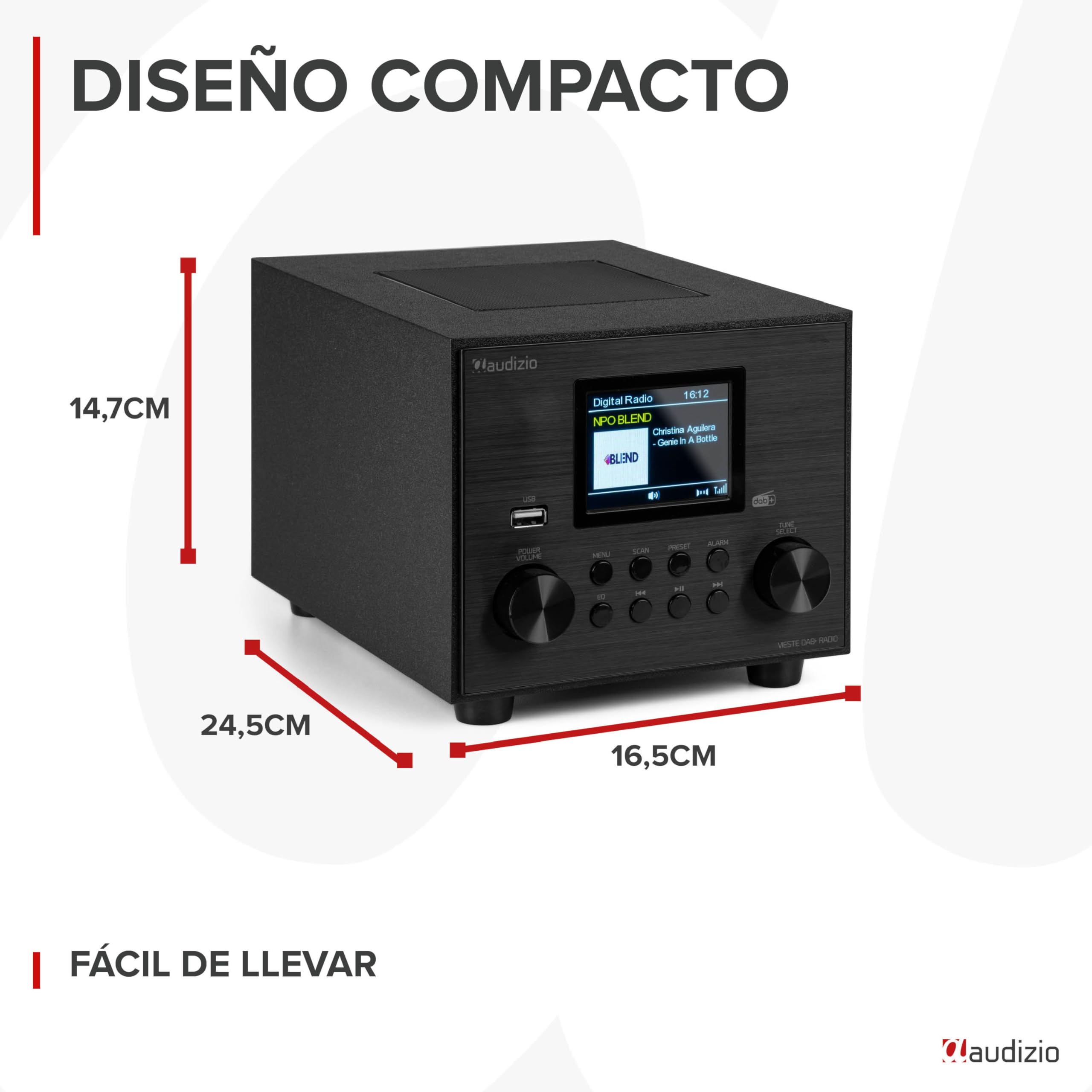 Audizio Vieste Radio Digital Dab+ con Bluetooth y subwoofer en Color Negro, Altavoz Bluetooth con FM, 20 Presintonías, Auto-Scan, Salida de Auriculares, Entrada AUX, Streaming Inalámbrico de Música