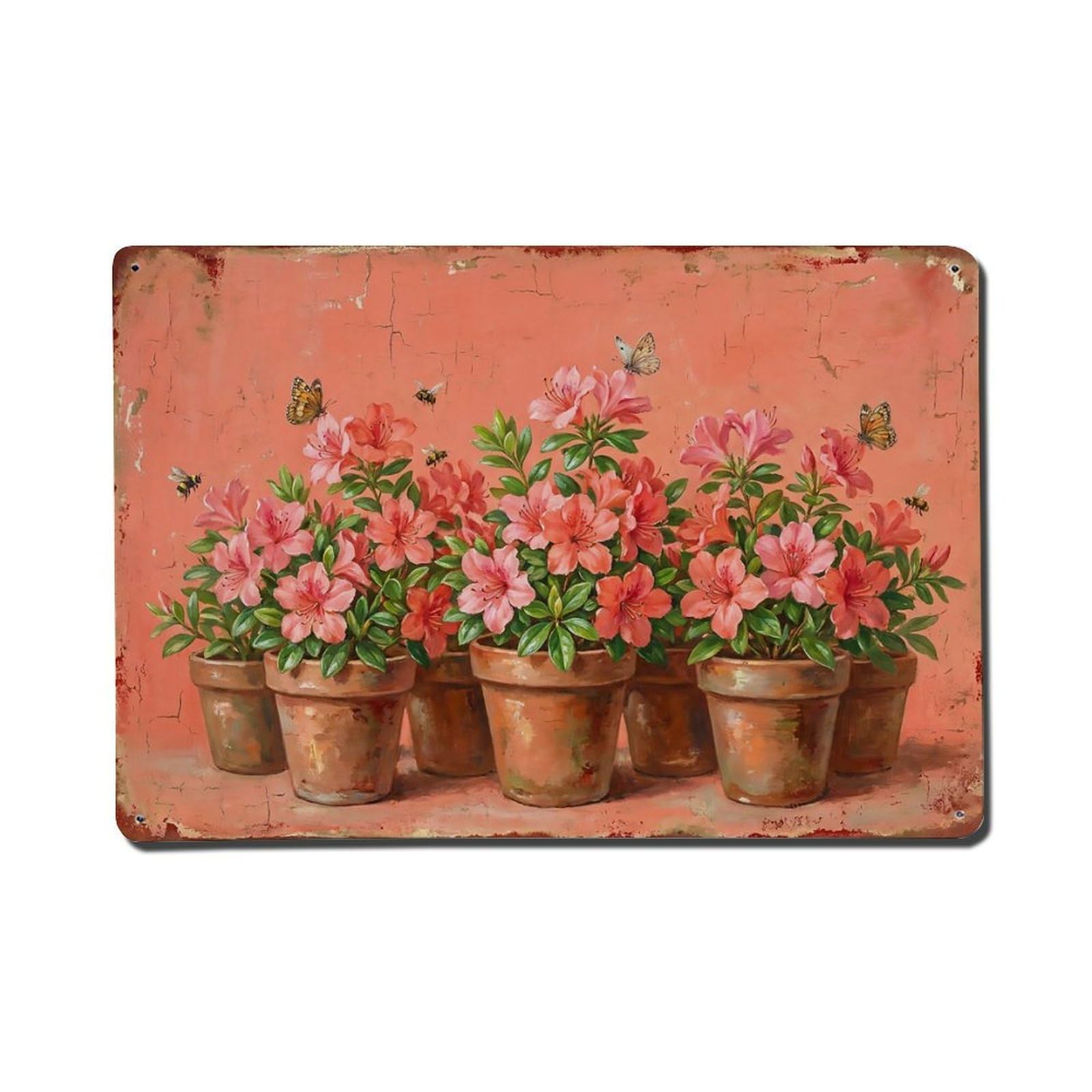 Vintage Rustic Flower Potted Plants Azalea Metal Tin Sign
