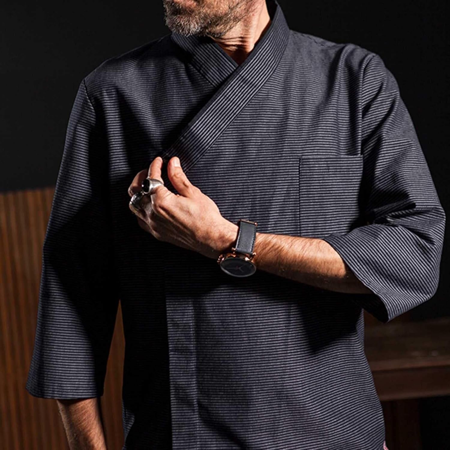 Classic Fit Kitchen Uniform, Mens Sushi Chef Jacket, Japanese Food Service Workwear, with Pocket