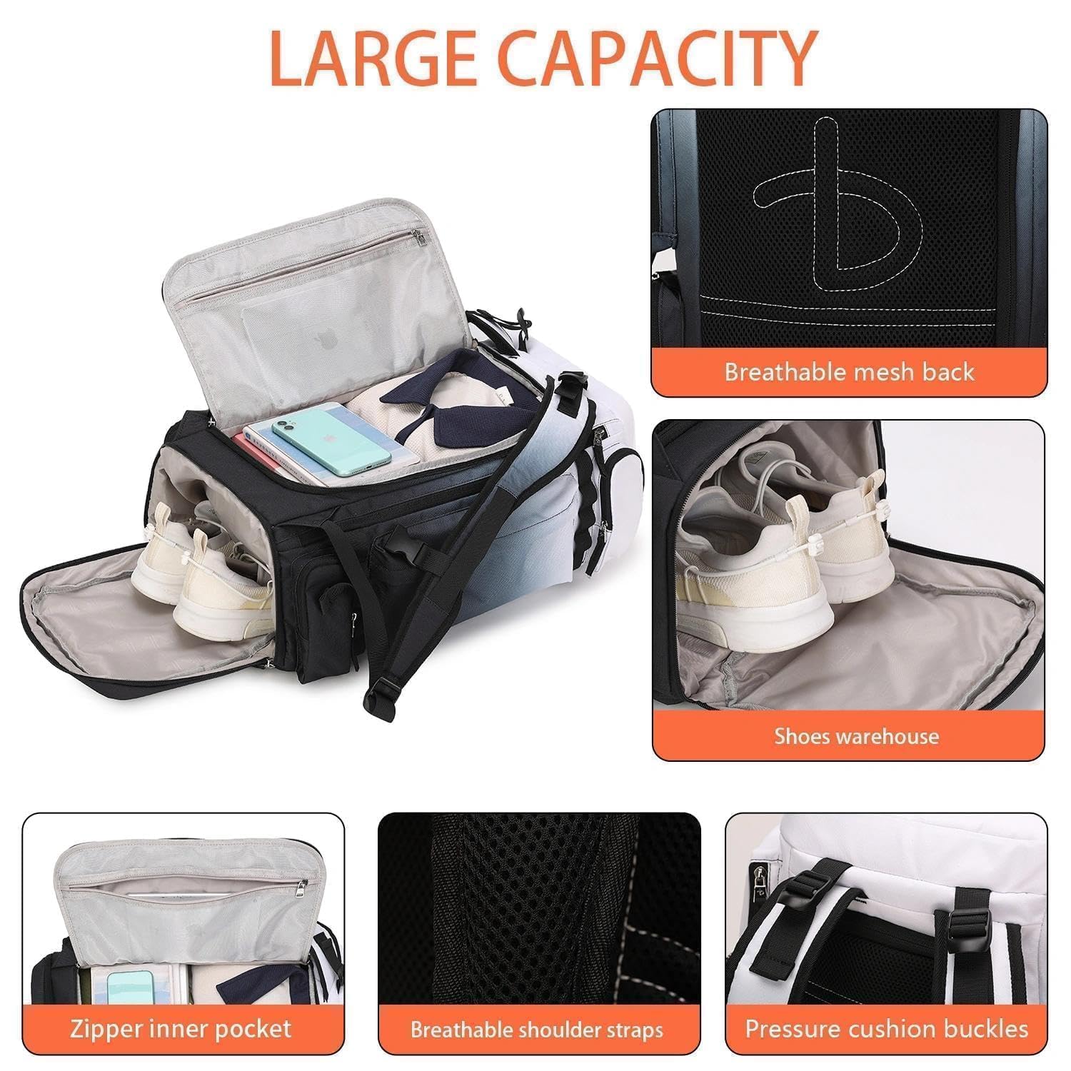 BE SMART - Mochila de gimnasio extragrande de 50 L para hombre, bolsa de gimnasio grande con compartimento para zapatos, bolsas de lona resistentes al agua, Gardient Black, XL, Mochila de lona para