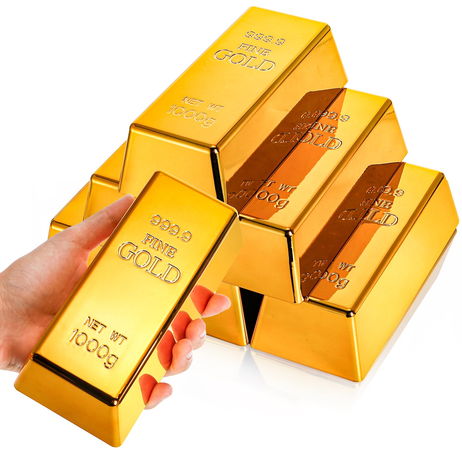 Okllen 6 Pcs Fake Gold Bars with Non-Slip Pads, Electroplated Hollow Brick Golden Bullion Replicas for Movie Props, Stage Decoration, Halloween Pirate Costume Supplies, and Novelty Gifts, 6.5 Inch