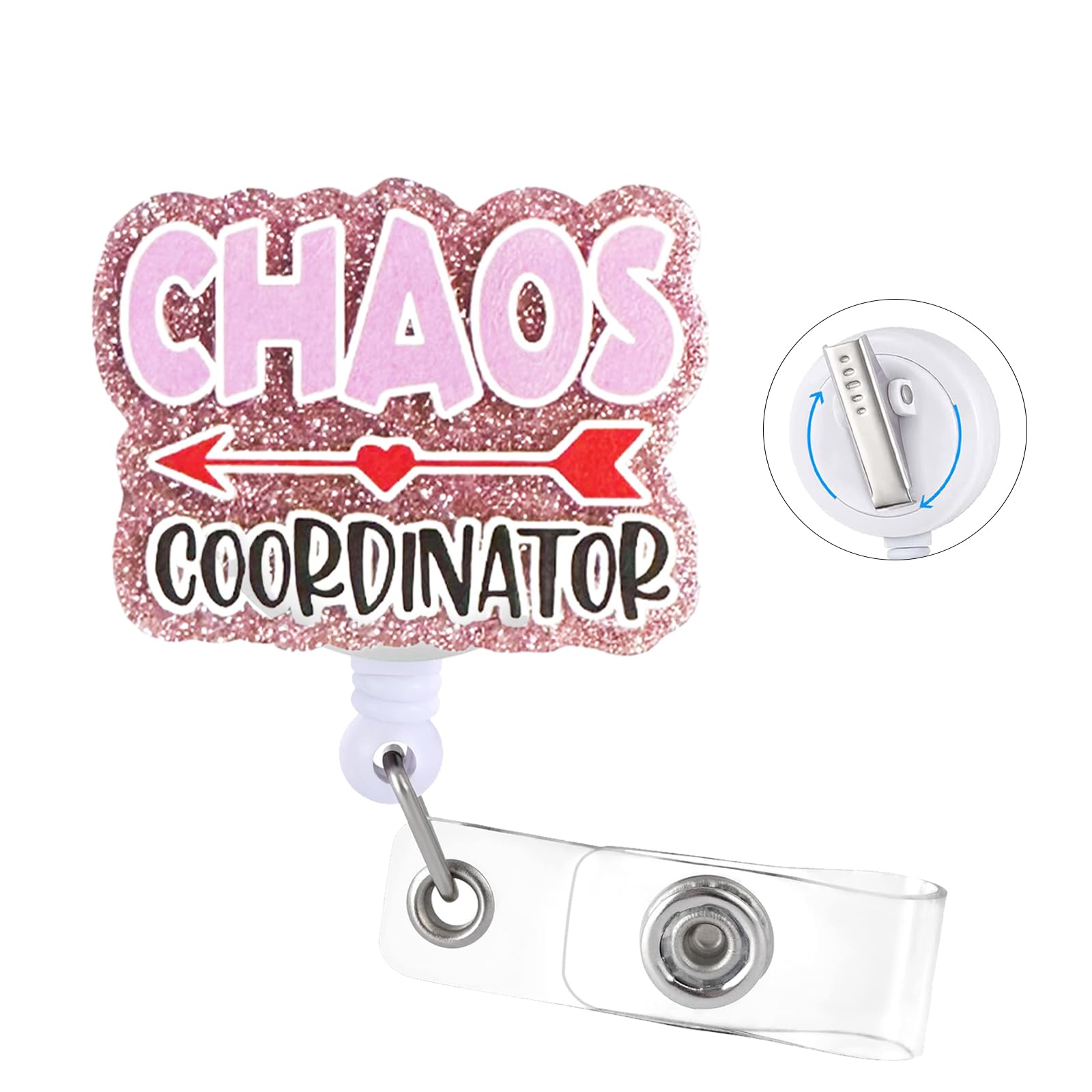 Pink Chaos Coordinator Badge Reel with Swivel Alligator Clip ID Badge Holder Funny Glitter Badge Reel Retractable Clip for RN LPN CNA Nurse Doctor