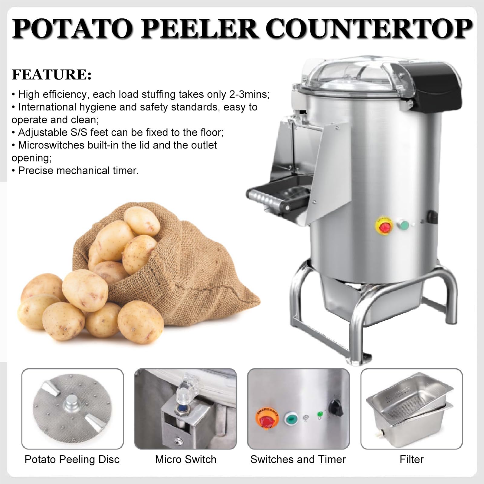 Pelador automático de patatas 750 W, alta eficiencia 130-200 kg/hora para frutas y verduras de cocina, 110 V