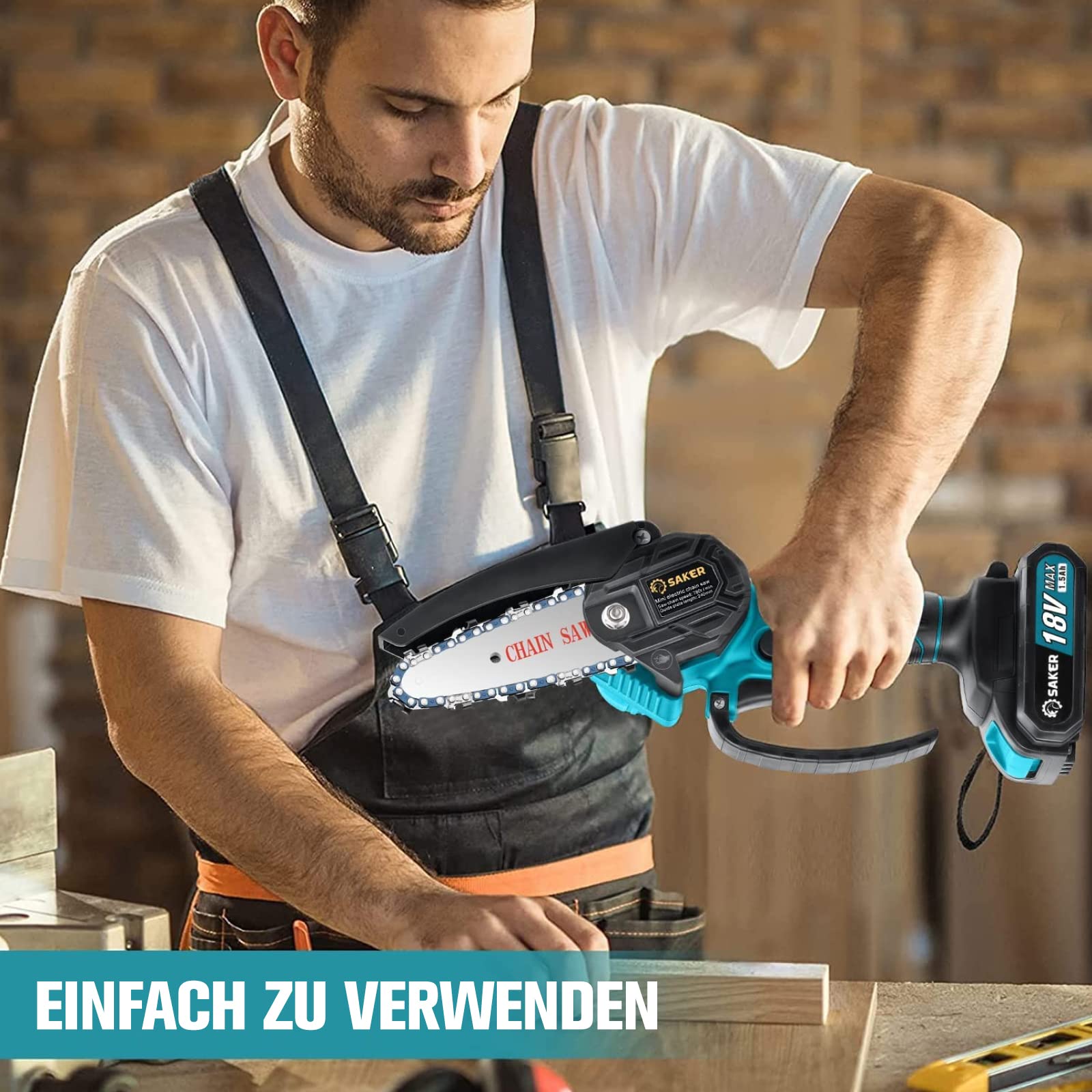 Saker Mini tronçonneuse avec batterie 4 pouces, tronçonneuse électrique sans fil avec 1 chaîne et 1 batterie, 10 cm avec bouton de sécurité tronçonneuse à une main batterie