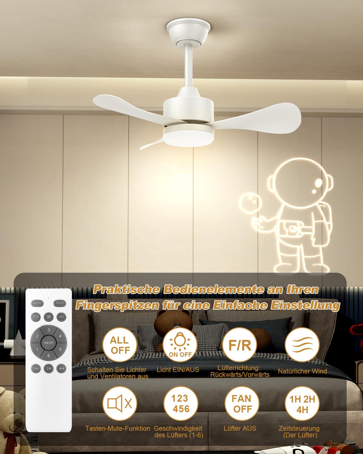 Airwit 71cm Deckenventilator mit Beleuchtung und Fernbedienung, Ø71cm Leise Deckenventilator mit Licht, Klein Lampe mit Ventilator für Schlafzimmer, Wohnzimmer, Kinderzimmer, Umkehrbaren DC Motor
