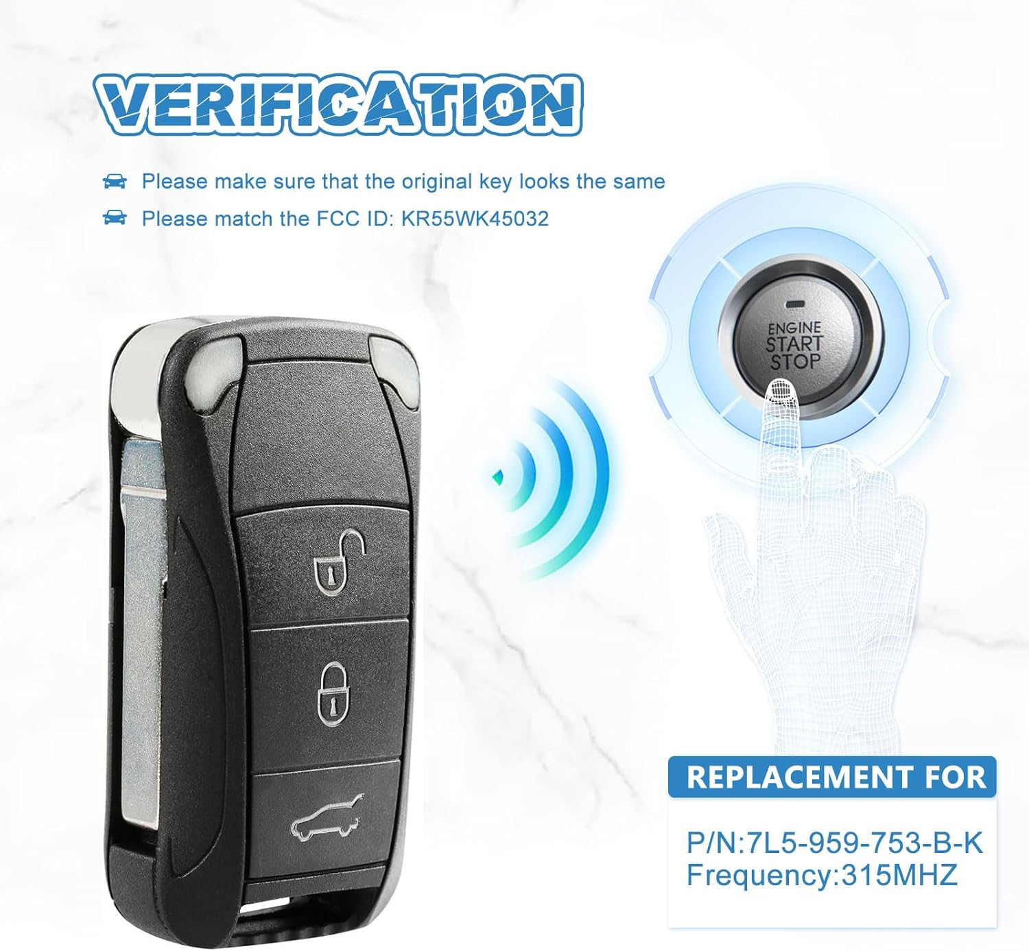 Key Fob Replacement Compatible for Porsche Cayenne 2006 2007 2008 2009 2010 2011 Smart Key Car Keyless Entry Remote Control KR55WK45032 4 Button - Image 3