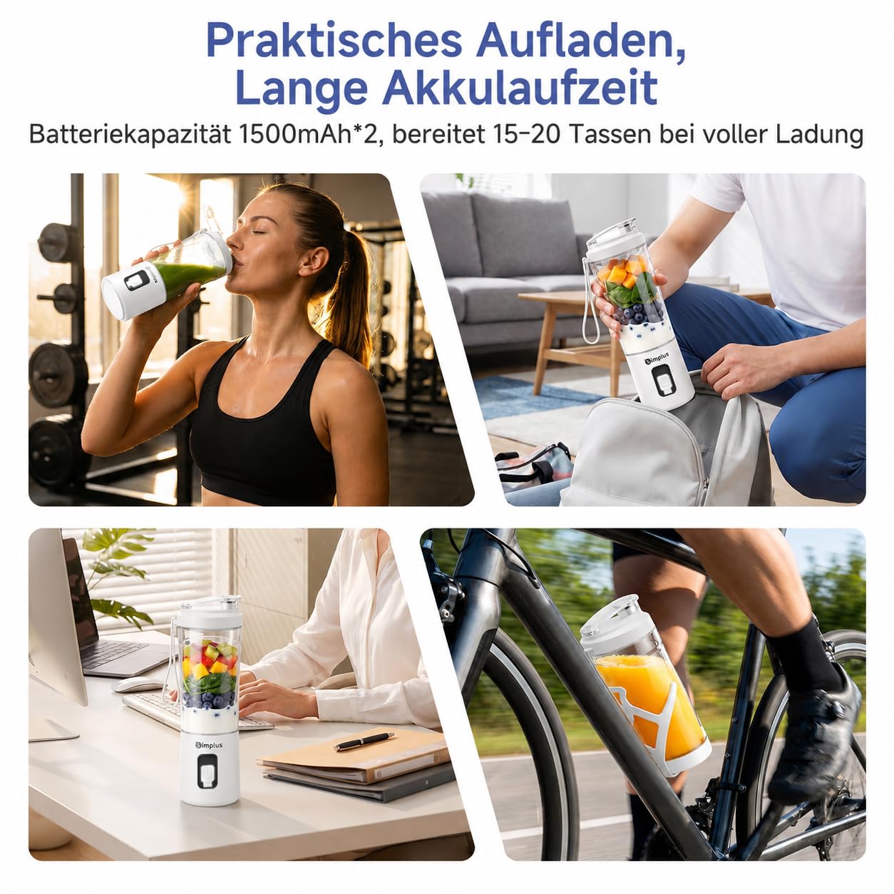 SIMPLUS Tragbarer Mixer 800ml Smoothie Maker To Go, USB-C Mini Mixer mit 6 Edelstahlklingen, kabelloser Blender für Shakes, Milchmixgetränke, weiche Früchte & kleine Eisstücke, BPA-frei