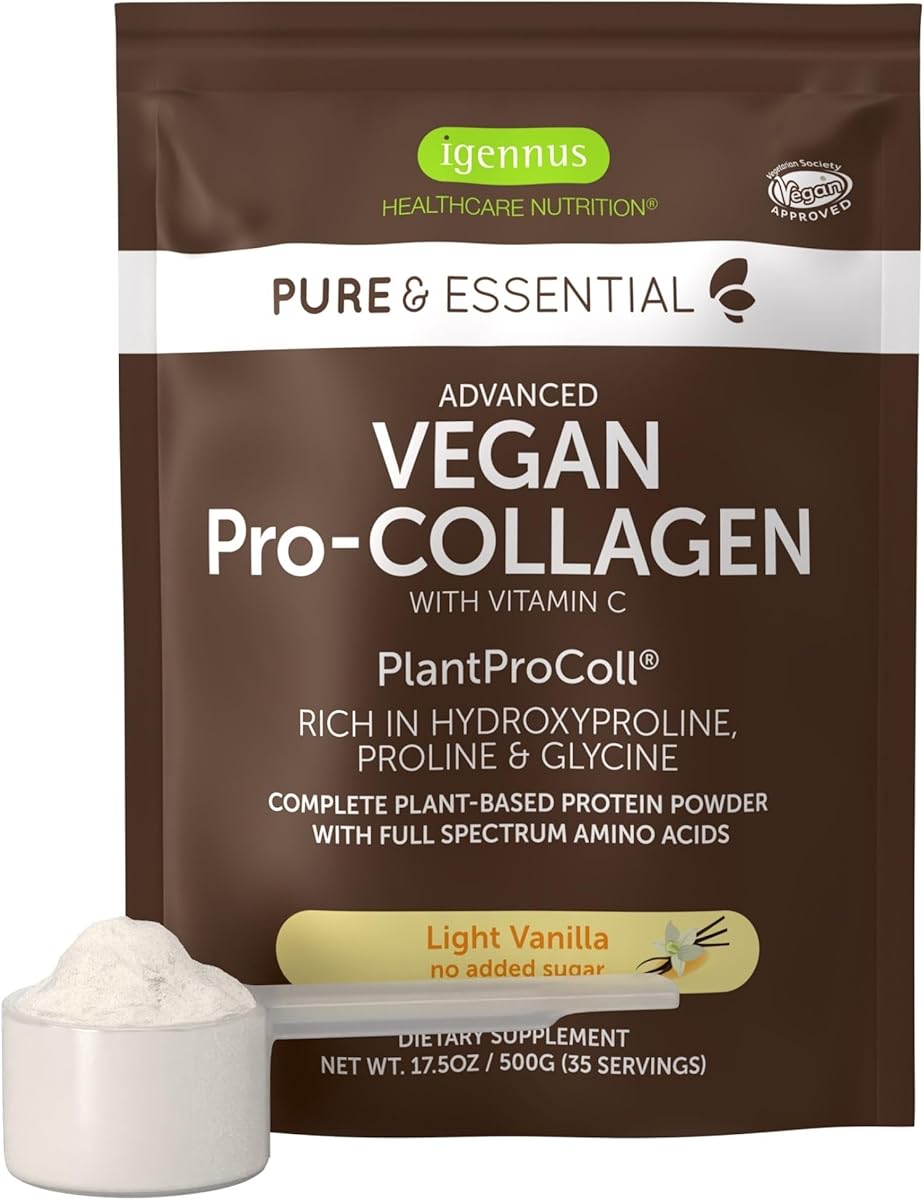 Igennus Healthcare Nutrition Igennus Advanced Vegan Vanilla Collagen Peptide Powder, Enhanced with Glycine, Proline & Hydroxyproline & Cofactor Vitamin C, Non GMO, Vegetarian Plant Based Collagen Powder Booster, 35 Servings