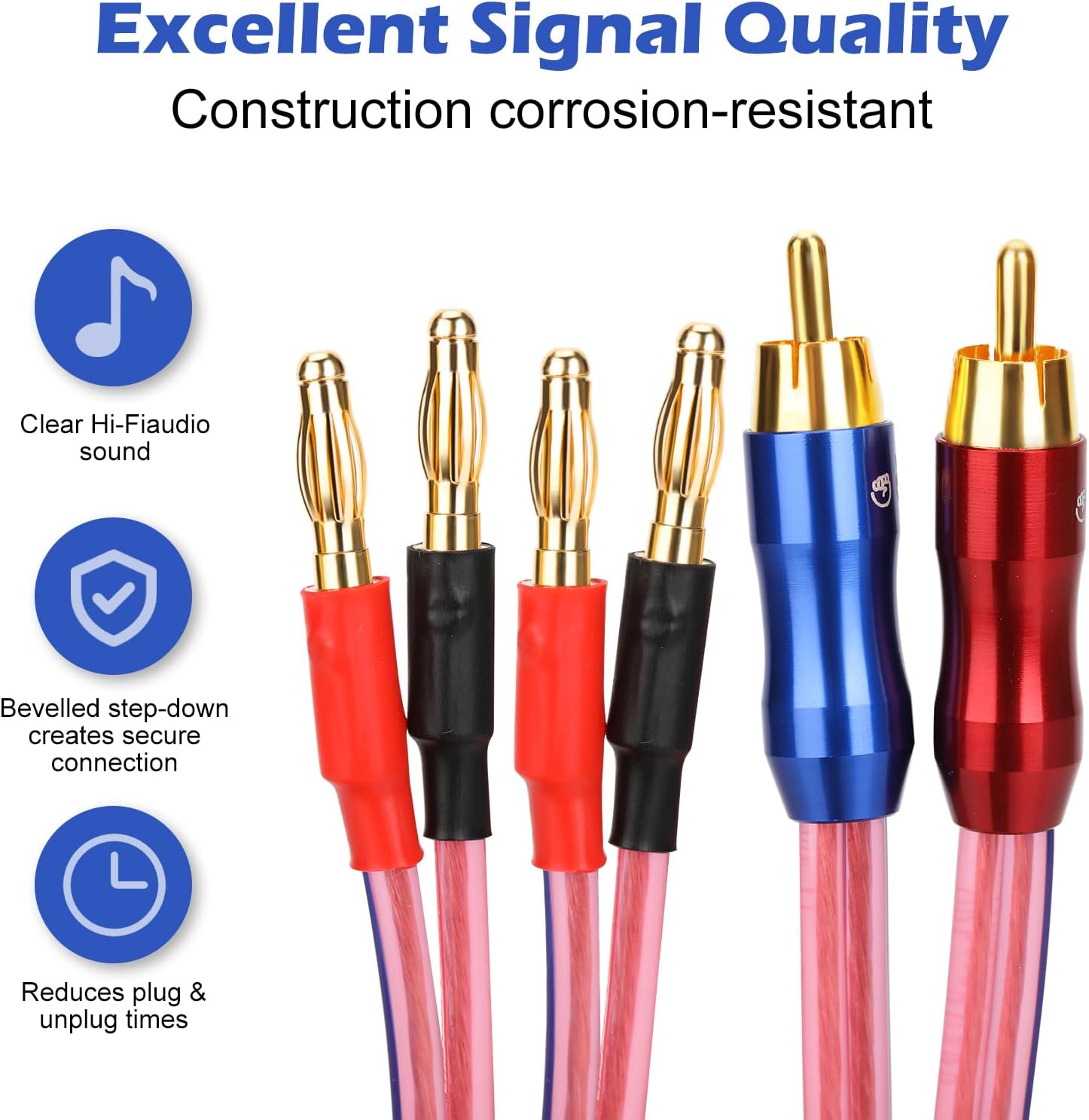 KK R1-B2-D0.5 4N OFC Speaker Wire Pair with RCA Male (Blue & Red) to 2 Pair Banana（4banana） Plugs 1.64Foot-Pair KK R1-B2-D0.5