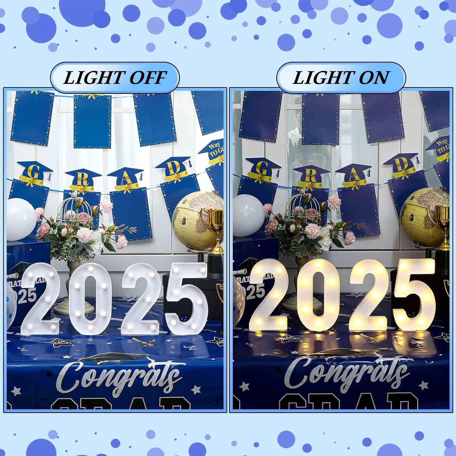 114 Pcs Graduation Decorations Class of 2025 Include Grad Backdrop Balloons Photo Banner Graduation Card Box Holder Balloon Boxes Cake Toppers Light up Numbers 2025 Tablecloth(Black, Blue)