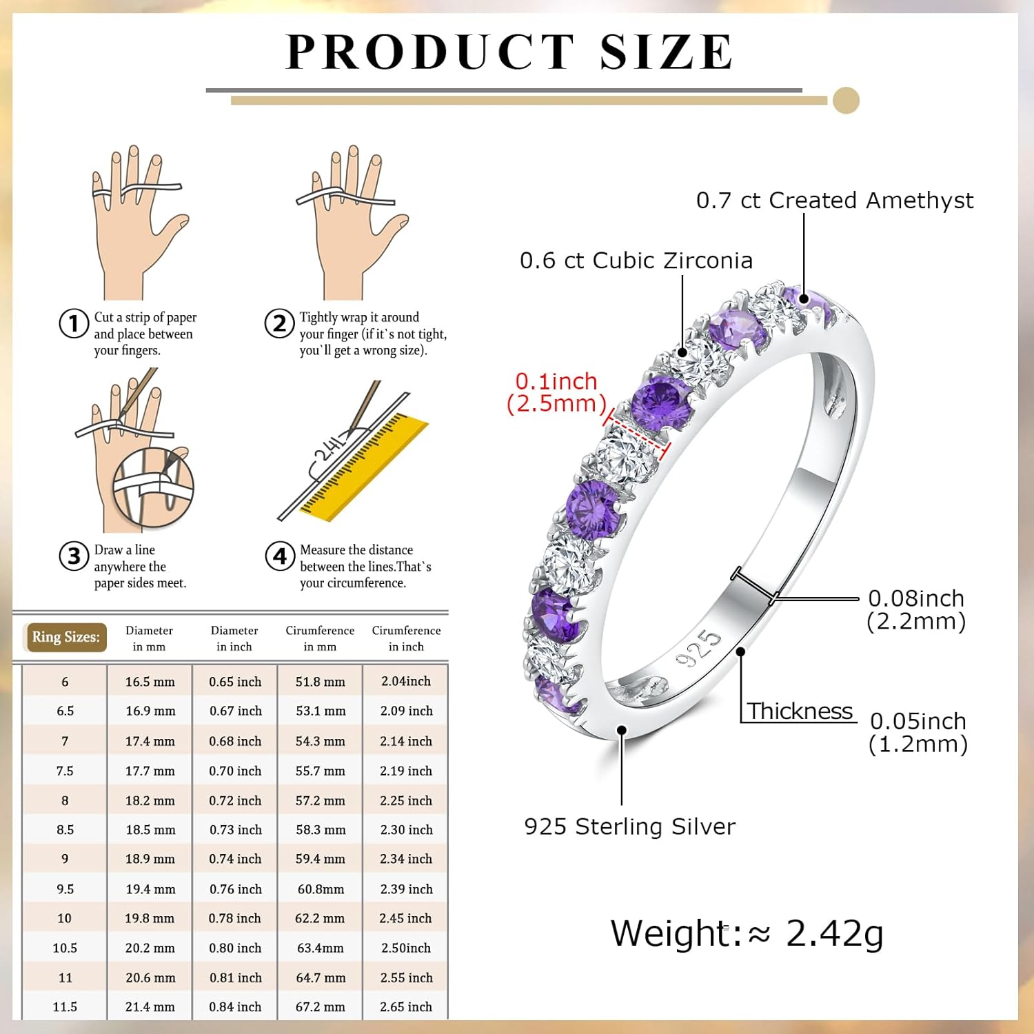 Bezel Set Birthstone Wedding Band 14K Gold Sterling Silver Stackable Half Eternity Band Rings 2.5mm Wide Ruby/Amethyst/Sapphire/Emerald Green/Aquamarine Ring for Women, Send Gift Box - Image 7