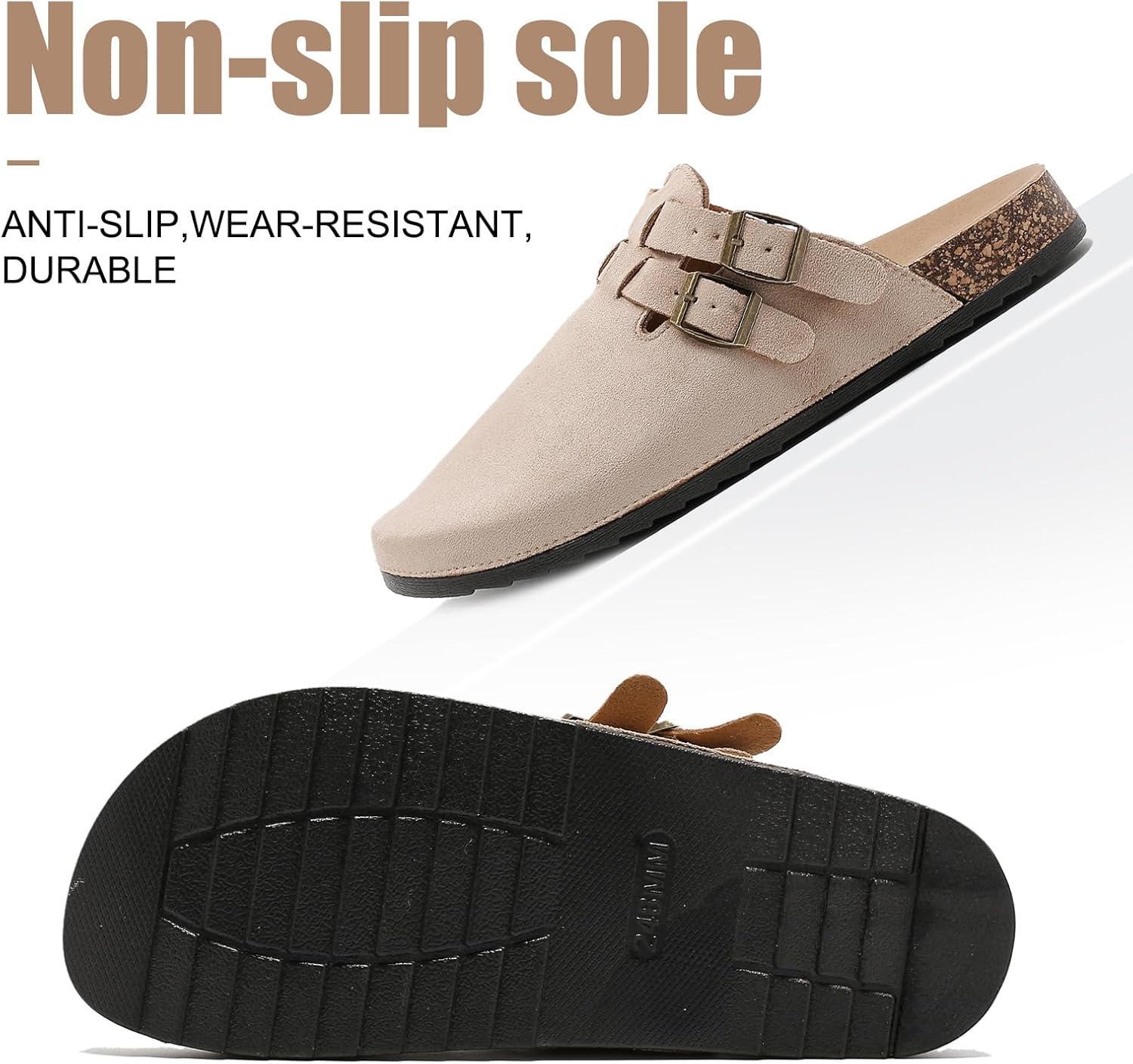 Men's Suede Clogs with Back Strap, Women's Leather Clogs with Arch Support Cork Footbed Slip on Closed Toe Mules with Adjustable Buckle Comfort Potato Shoes Beige - Image 3