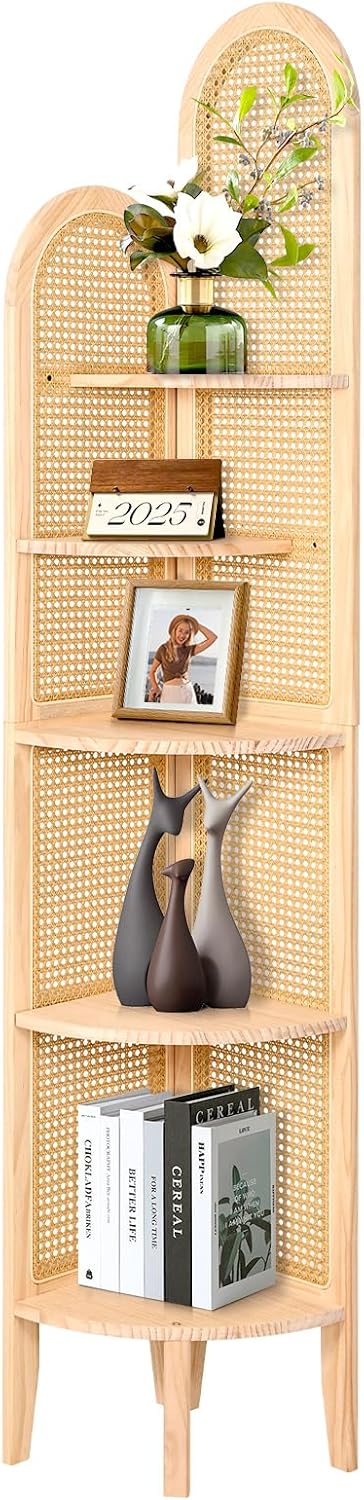 5-Tier Solid Wood Rattan Corner Shelf, Boho Chic Arc Design for Display & Storage, Perfect for Living Room, Bedroom, Bathroom, Natural Brown, 69.29 Inch Tall