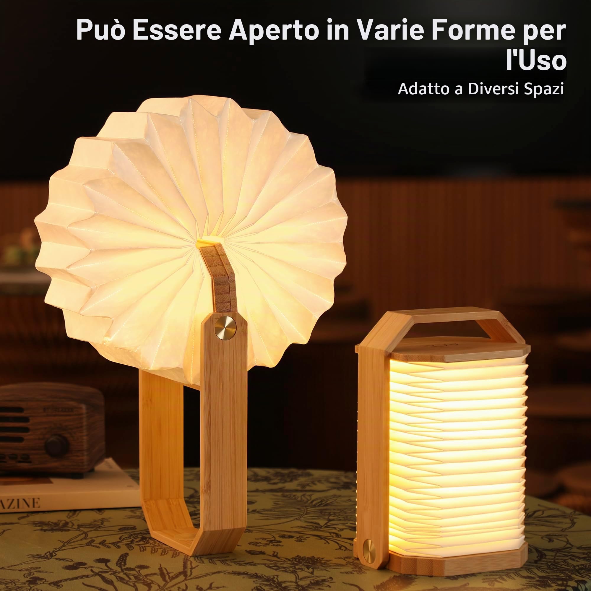 Lampada da Tavolo in Legno con Manico, Lampada a Lanterna Giapponese, Luce Ambientale, Lampada d'Atmosfera, Lampada a LED Ricaricabile per Casa & Esterno & Feste & Regalo (Bambù)