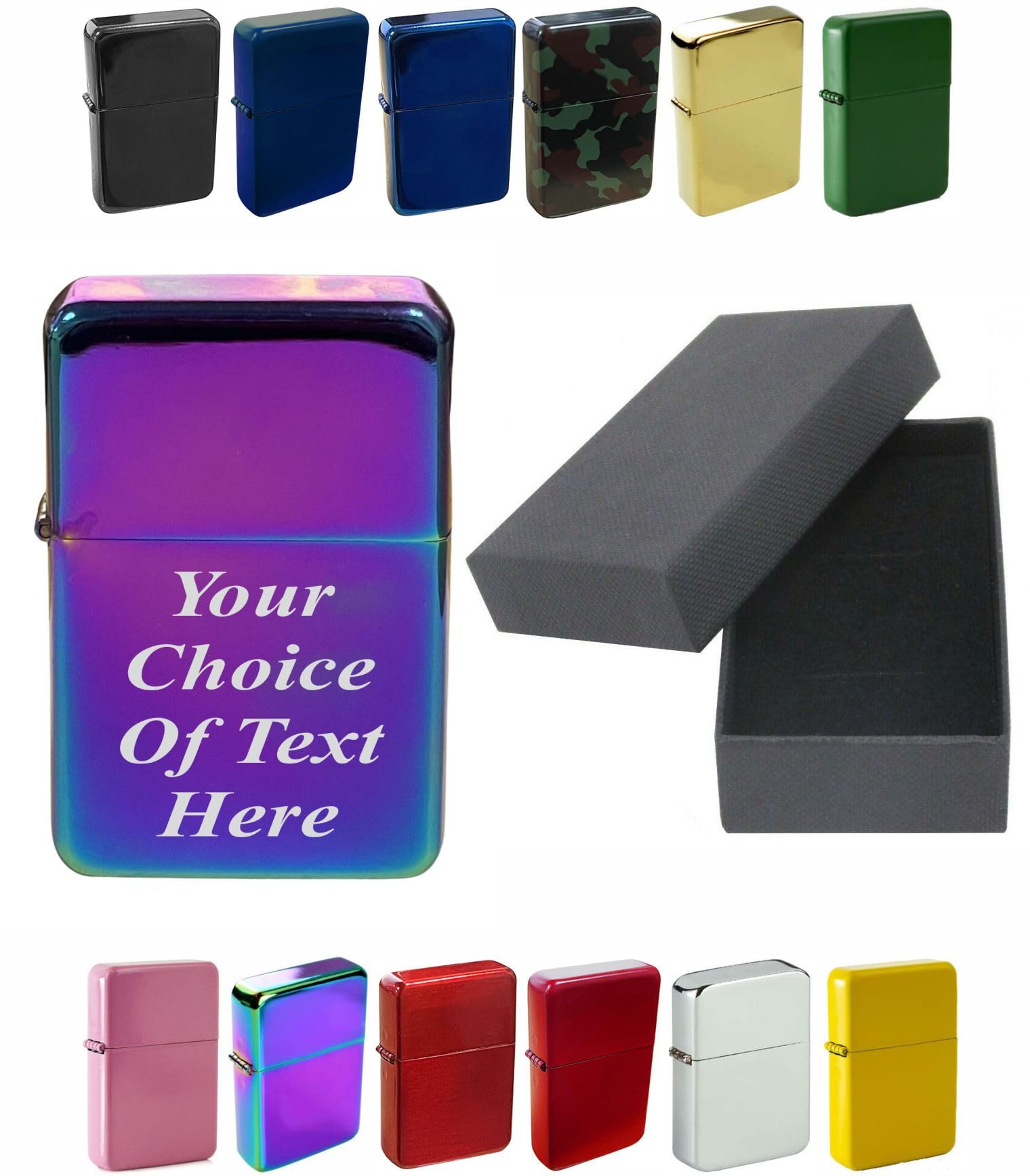 Personalised Engraved Lighter for Birthday, Fathers Day, Anniversary, Choice of Colours - With Luxury Gift Box Packaging (Rainbow)