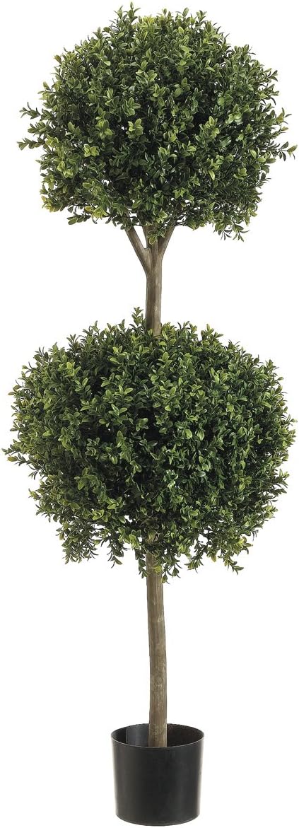 4' Double Ball Green Silk Boxwood Topiary with Lights