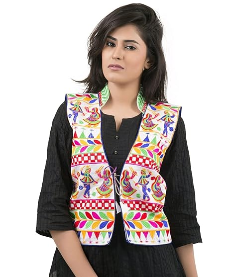 Outerwear Ayam Exports Womens Multicolor Cotton Handmade Traditional Rajasthani Design front Embroidered Kutchi Work Jacket,Optio2,Length: 19-20-32-Multicolor5