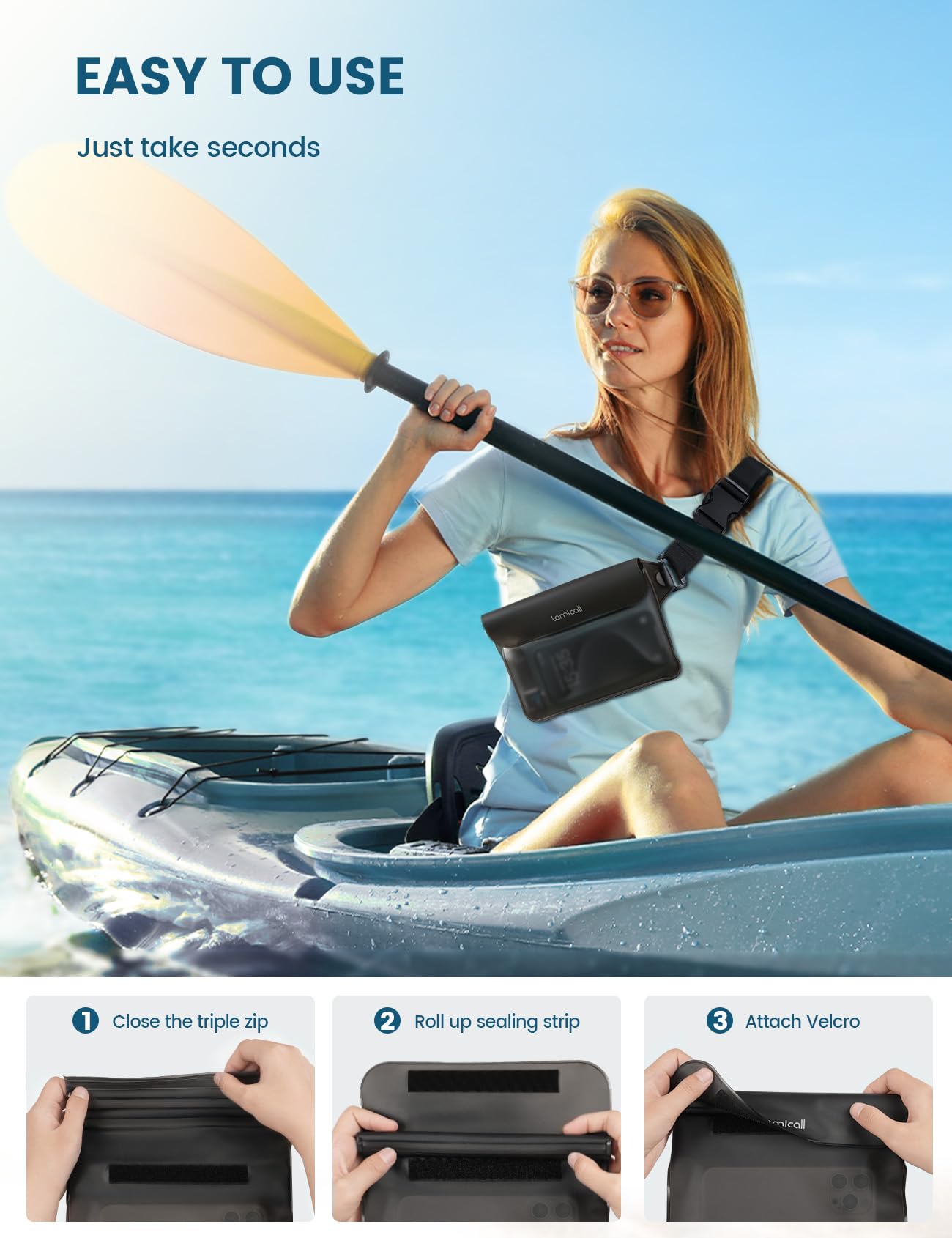 Lamicall Borsa Impermeabile IPX8 - [2 Pezzi] Marsupio Impermeabile con Cintura Elastica Regolabile, Sacca Impermeabile per Spiaggia, Nuoto, Pesca, Campeggio, Kayak, fino a 8,7"