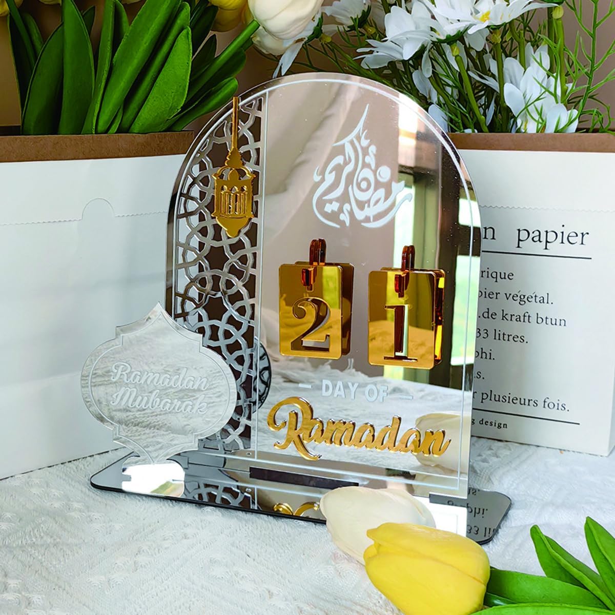 Calendrier Du Ramadan En Bois – DIY Avec Chiffres Et Lune – Décoration Table – Or Et Argent – Cadeau Islamique