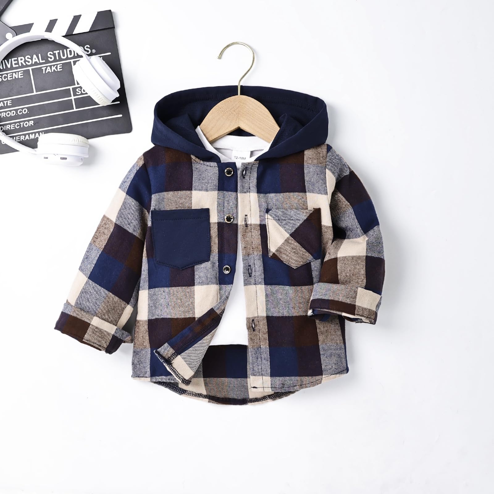 FOCICI 18 Months Boy Clothes Toddler Plaid Long Sleeve Button Down Jacket Top Shirt Casual Pocket Jacket Fall Winter Outfits Set Dark Blue 18-24 Months