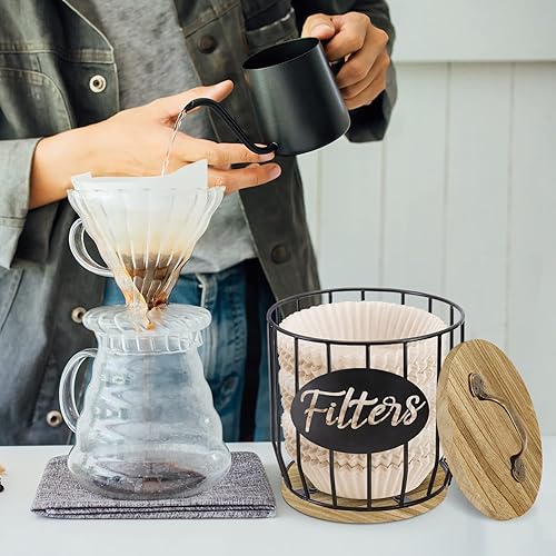 Miniatura 2 de Luneodoki Soporte de filtro de café rústico con tapa, contenedor de almacenamiento para filtro de café, dispensador de filtro de café redondo para