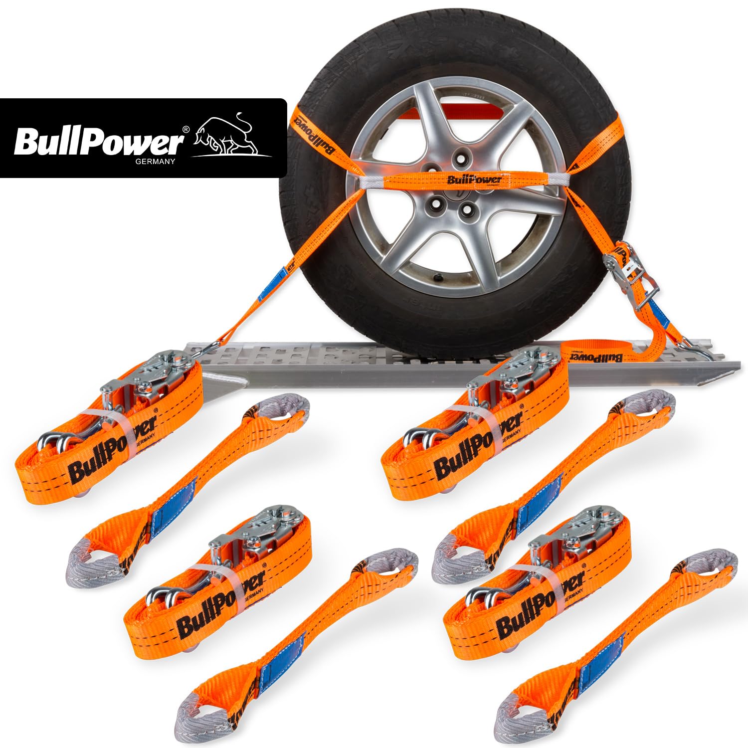 4X BullPower Spanngurte AZG111 - Autotransport PKW Zurrgurte Reifengurte Transportsicherungen 35mm - LC 2000 kg/daN mit Trapezband, Ratsche und Haken