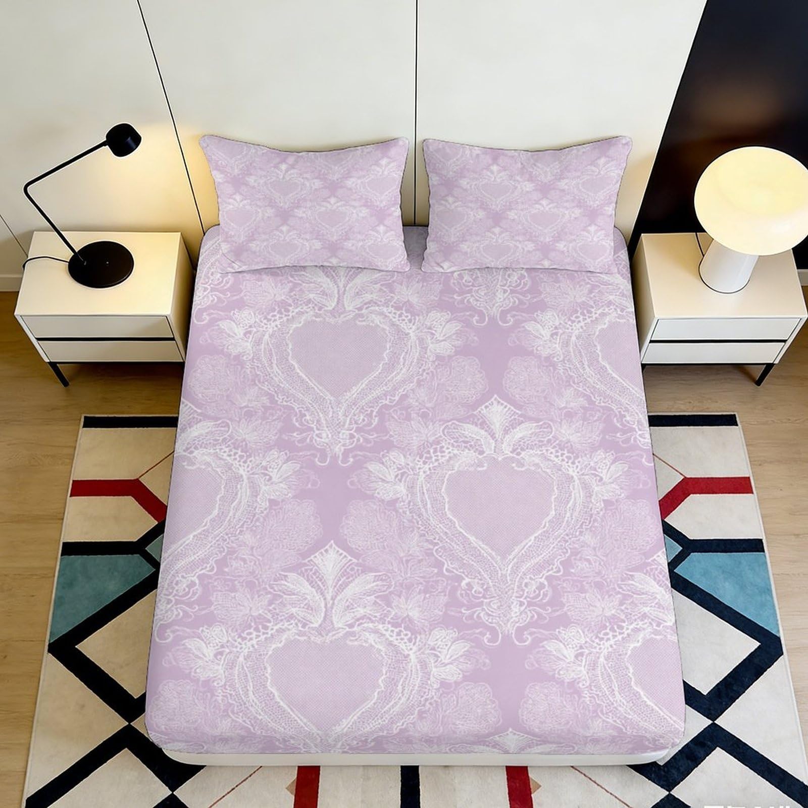 3D Printed Baroque Floral Fitted Sheet Microfiber Soft Pink Ornate Lace Mattress Cover Bedroom Decor 90x200x25cm