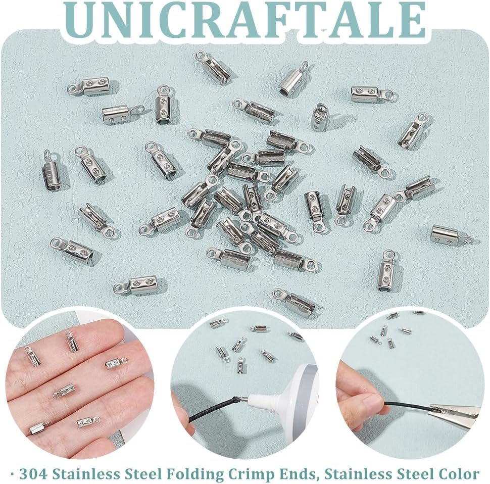 UNICRAFTALE About 100pcs Folding Crimp Ends Crimps Ends Fold Over Cord Ends 2.5mm Inner Dia Terminators Clamp End Tips Jewelry Finding Kit for Bracelets, Stainless Steel Color - Image 5