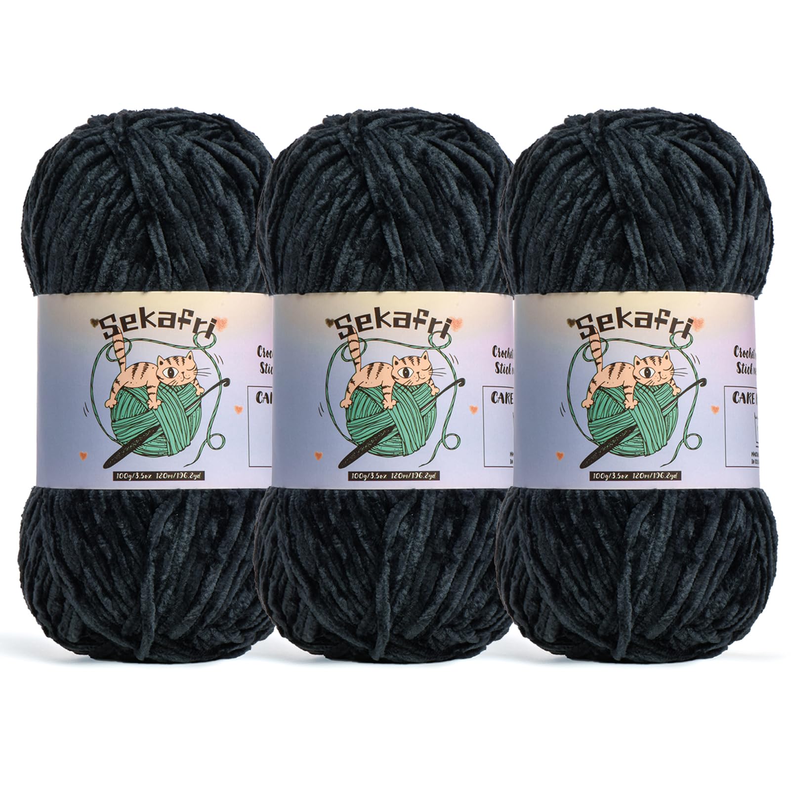 Fuzzy Chenille Yarn for Crocheting Amigurumi Crochet Yarn 3 Black