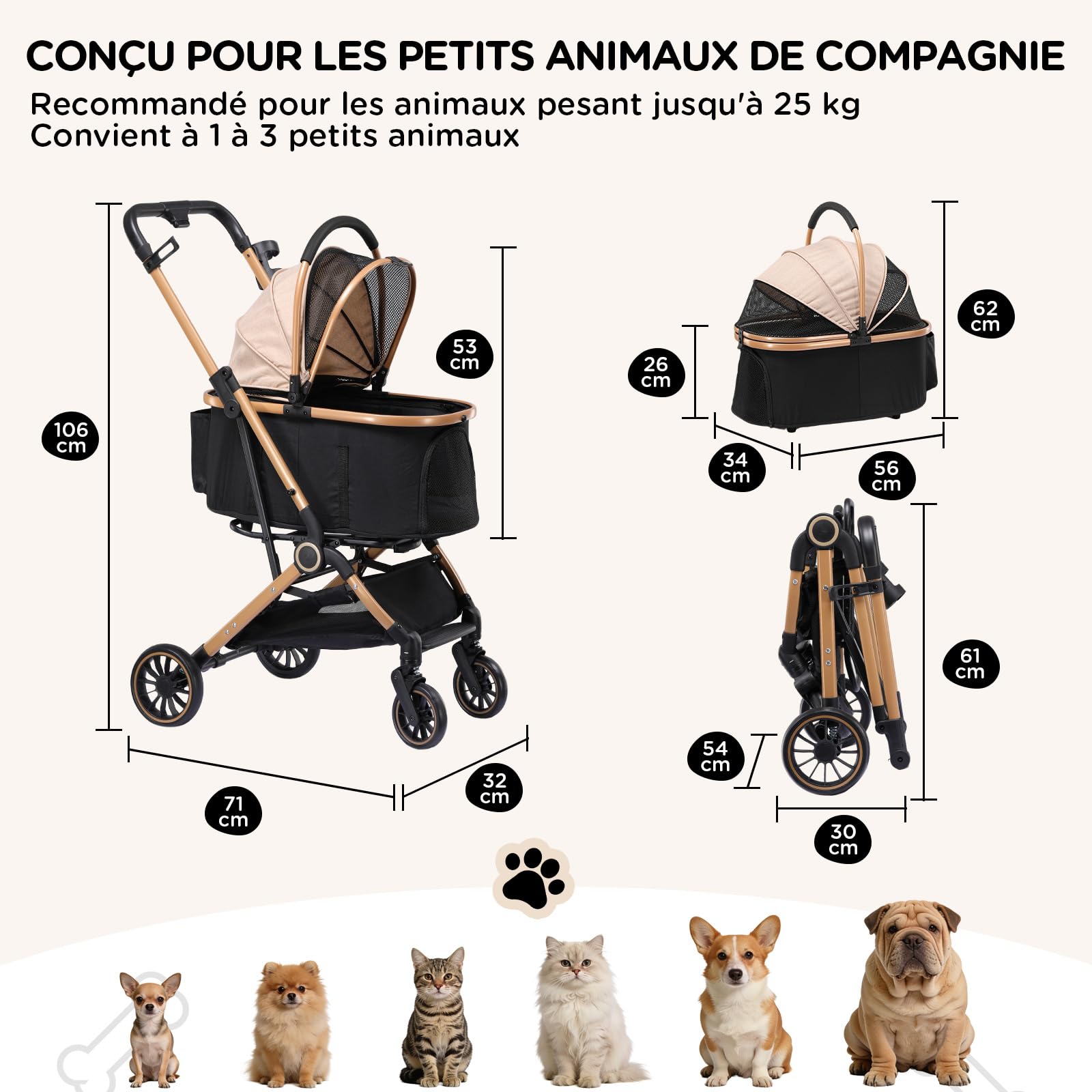 GTPLAYER Poussette Chien 4-en-1, Poussette pour Chien Chat, Jusqu'à 25KG, Voyage Transporteur Amovible, Poussette Tout-terrain Pour Animaux de Compagnie, Or