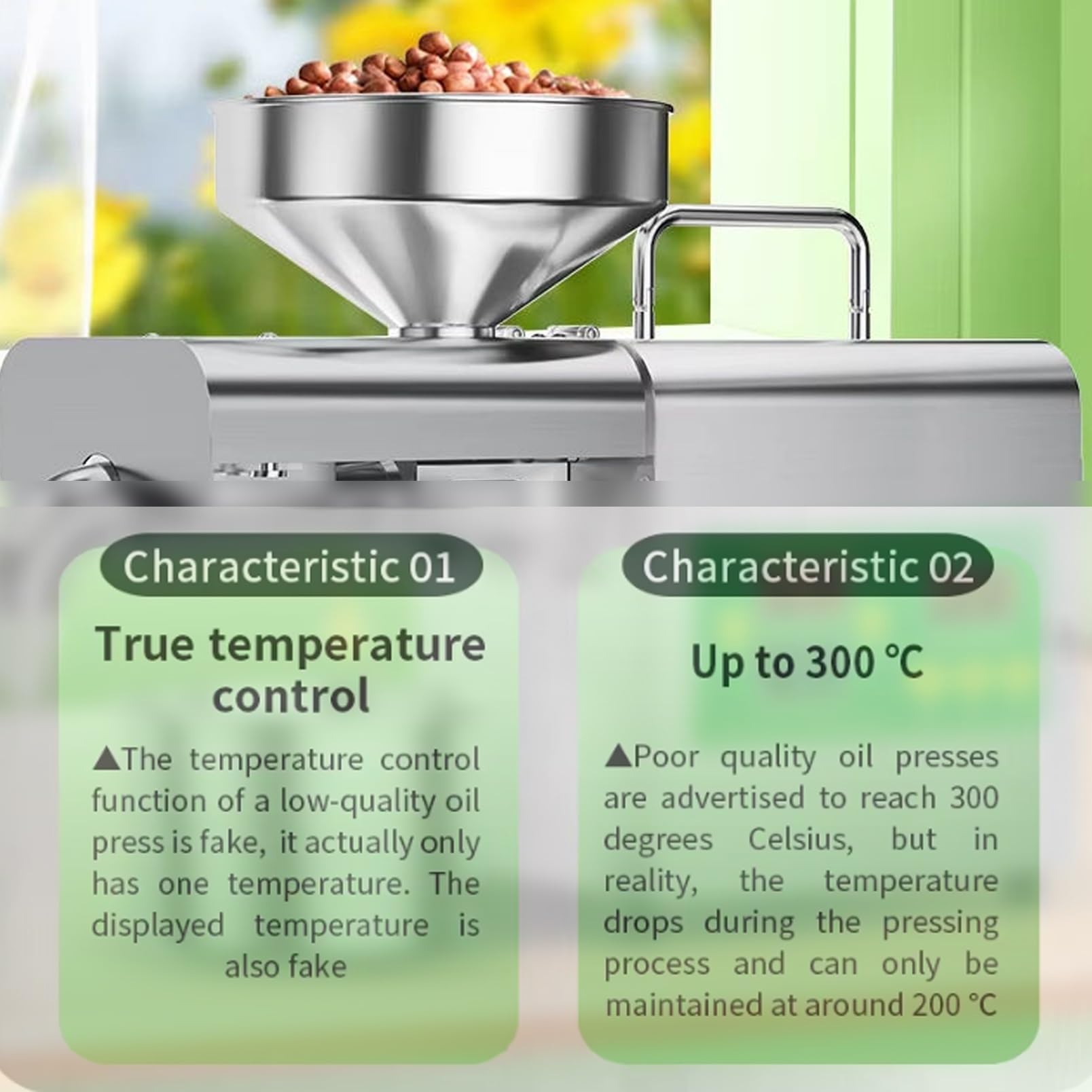 Prensa de aceite eléctrica para uso doméstico, 1500 W de alta potencia, modos de prensado en frío y caliente, funcionamiento automático, construcción de acero inoxidable, apto para uso alimentario.