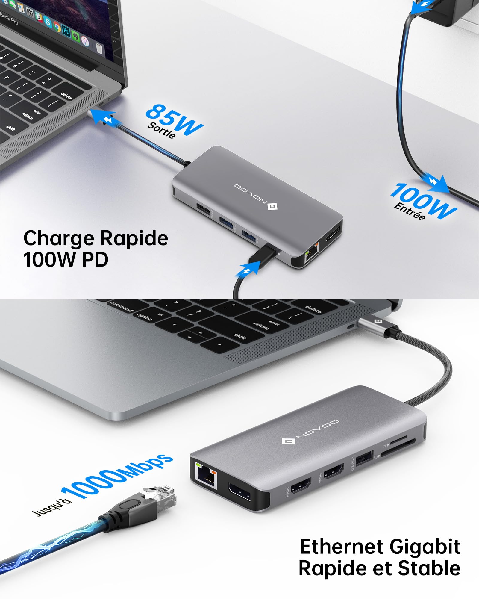 NOVOO Docking Station vers Double HDMI, 11-en-1 Hub USB C vers Dual HDMI, Displayport, USB x 4, Gigabit Ethernet, PD 100W, SD/TF, Station d'accueil pour MacBook HP Dell XPS Lenovo