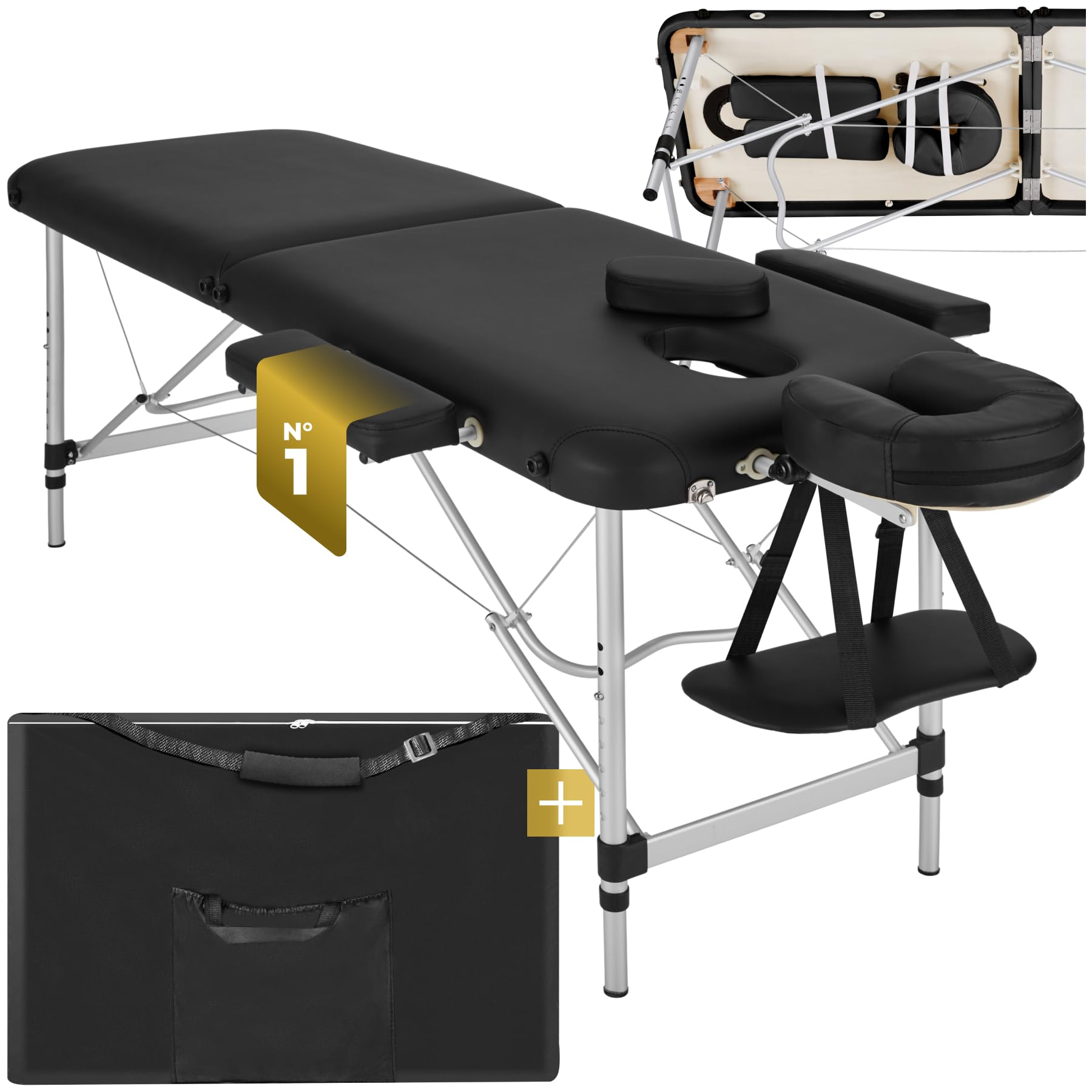 tectake® Table de Massage Pliante Professionnelle 2 Zones Aluminium Cosmetique Lit de Massage Table Esthetique Tatouage Portable avec Repose Bras, Housse de Transport Incluse